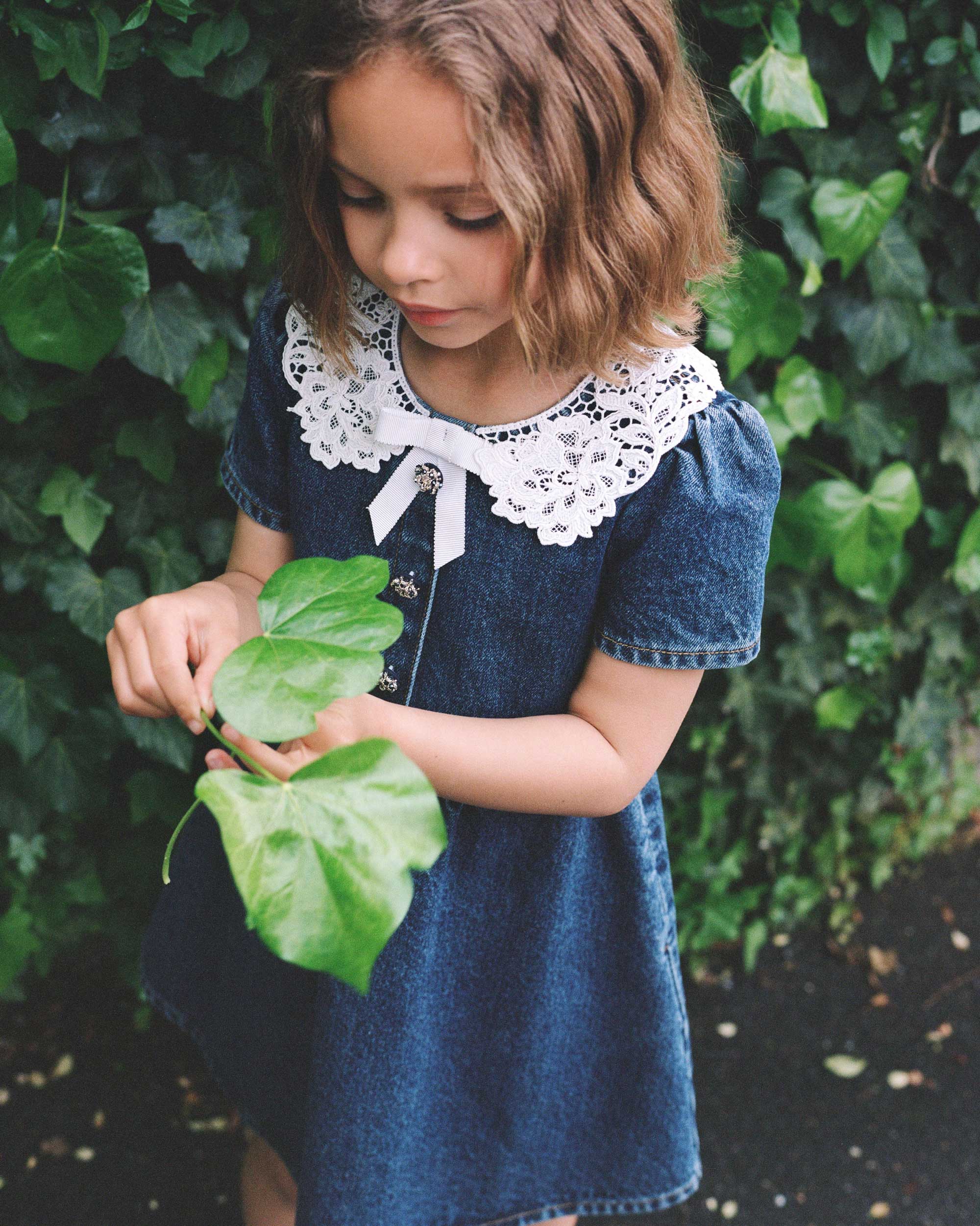 Lace Collar Denim Kids Mini Dress