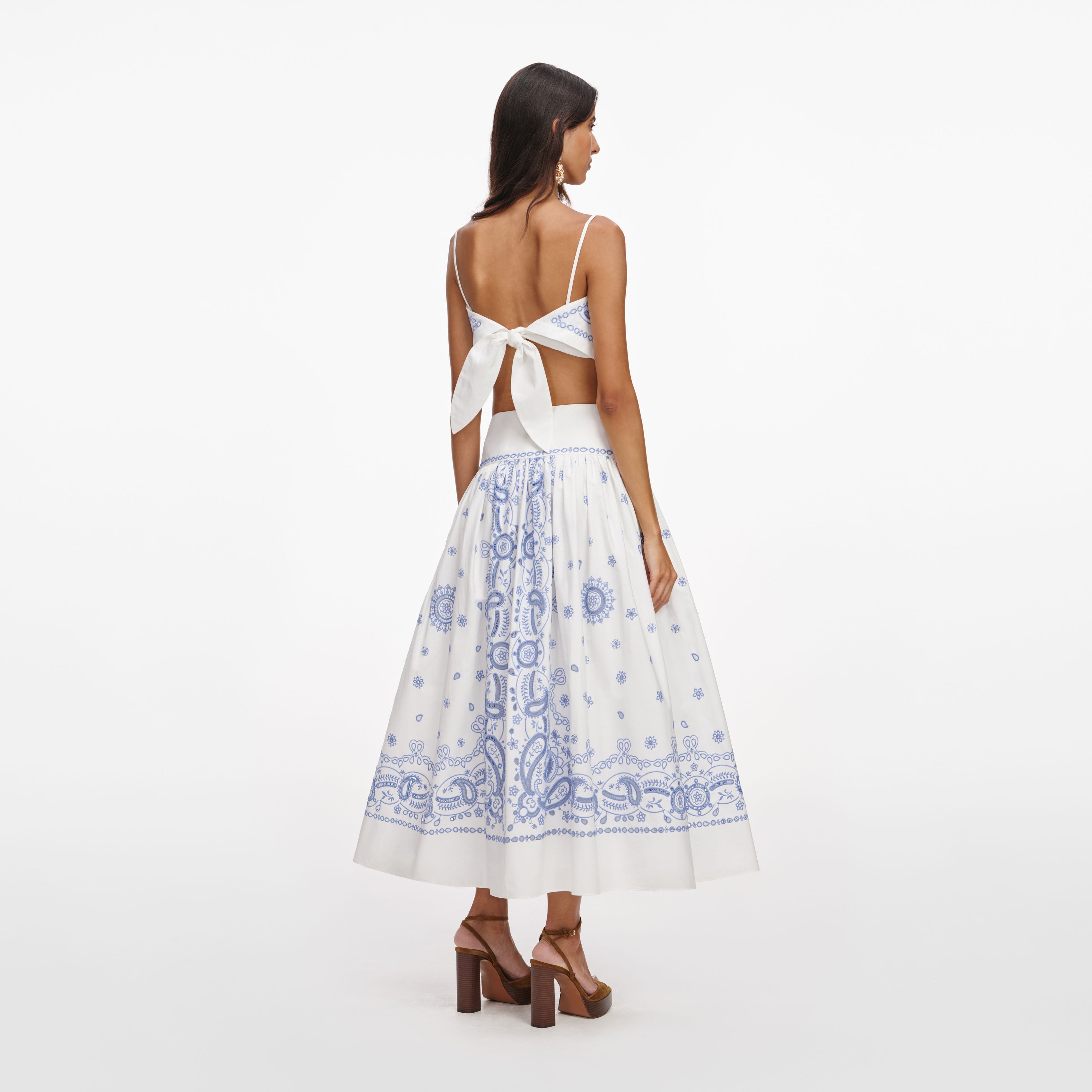 White And Blue Embroidered Midi Skirt