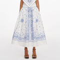 White And Blue Embroidered Midi Skirt