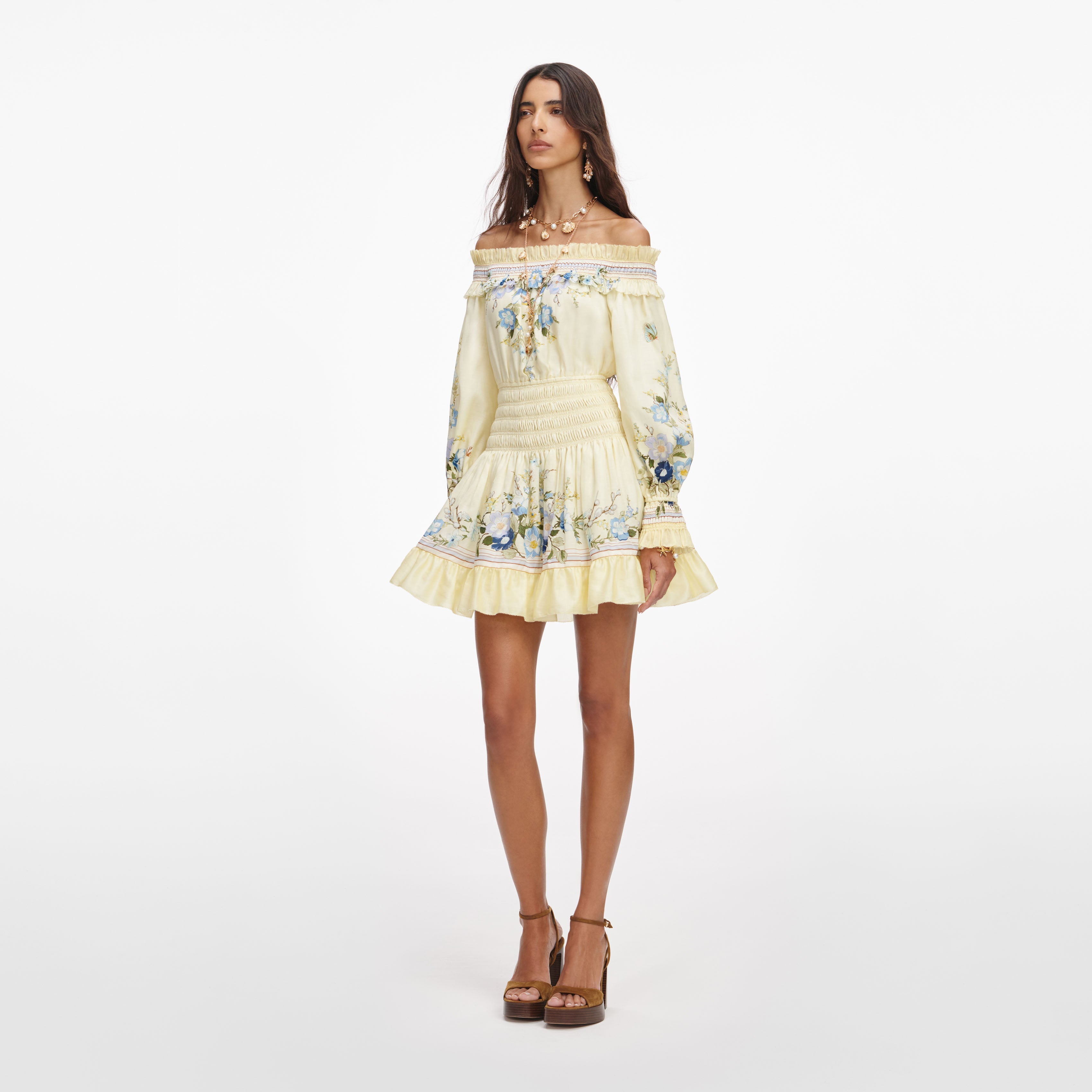 Yellow Floral Organza Ruffle Mini Dress