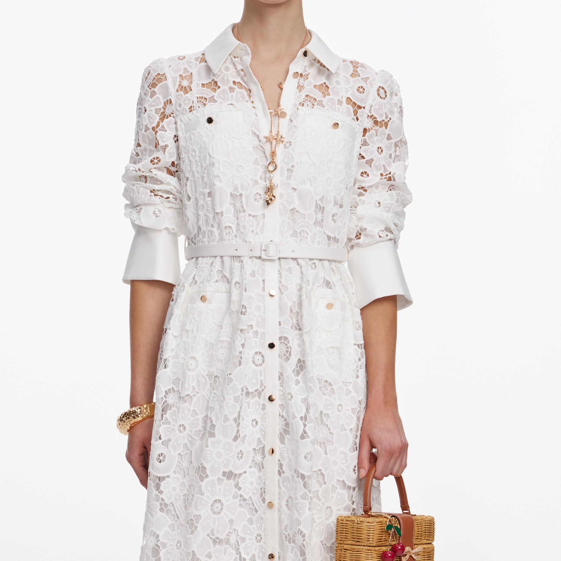 A close up of a woman wearing the White Lace Collared Maxi Dress