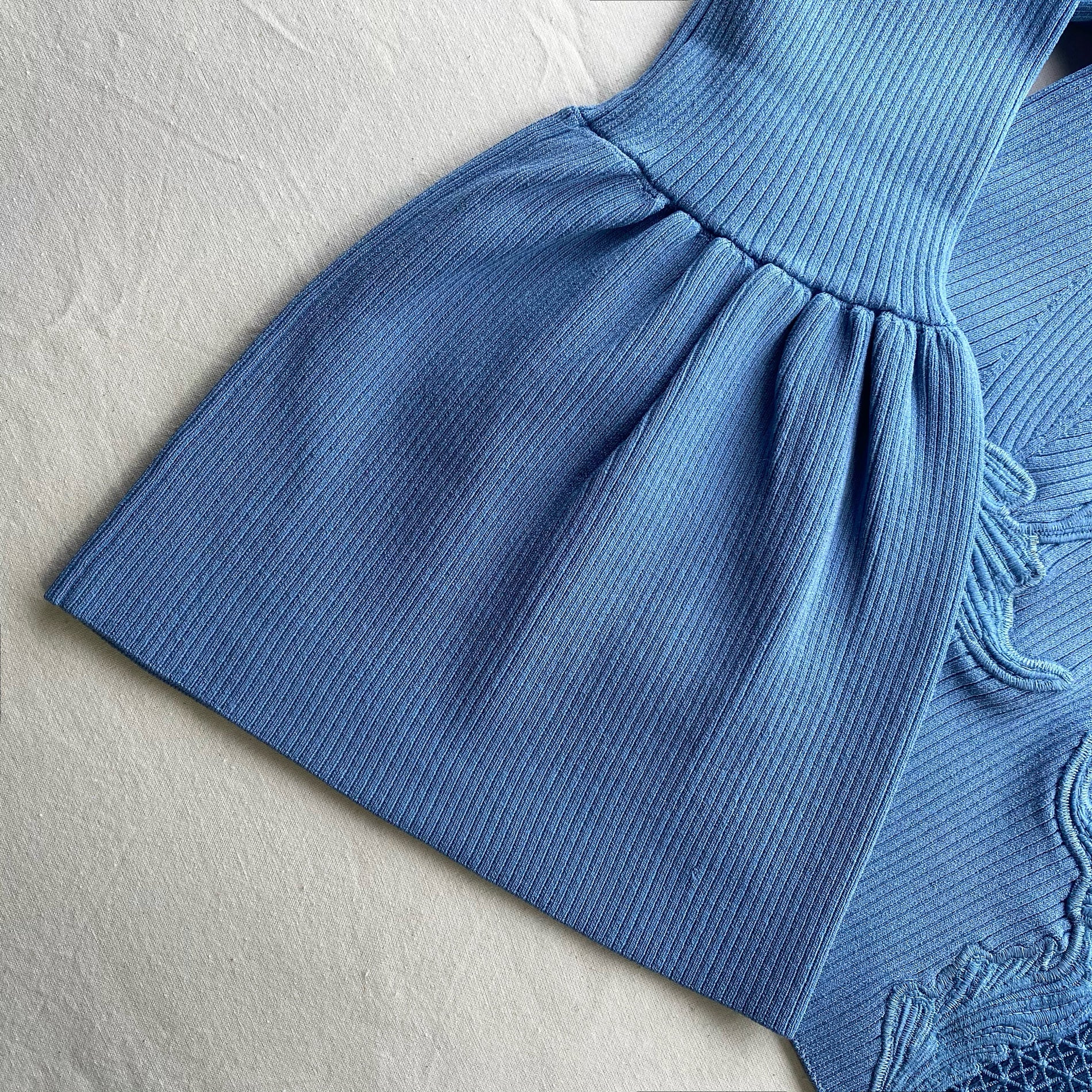 A close up of the fabric for the Pastel Blue Lace Insert Ribbed Knit Top