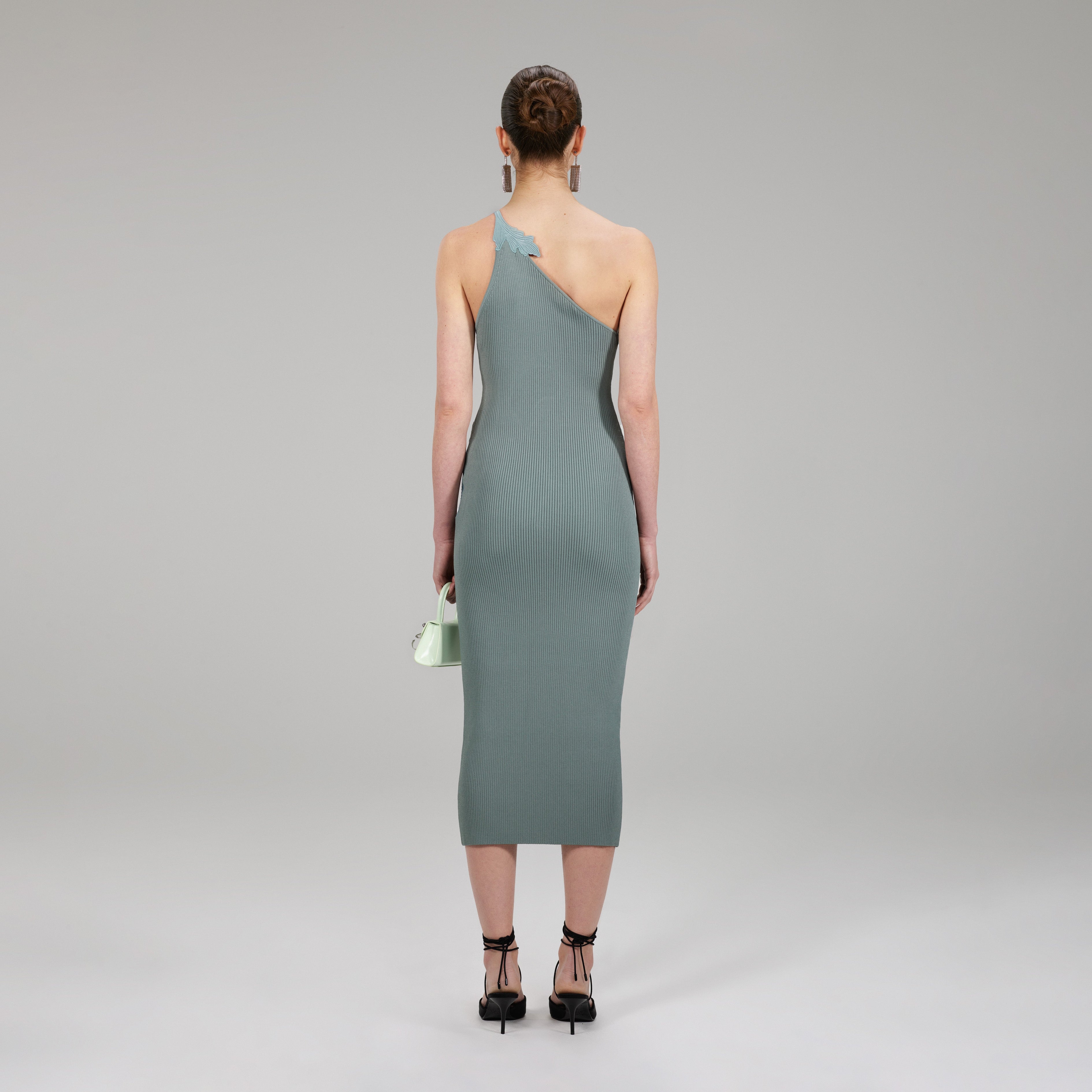 Pale Green One Shoulder Ribbed Knit Dress