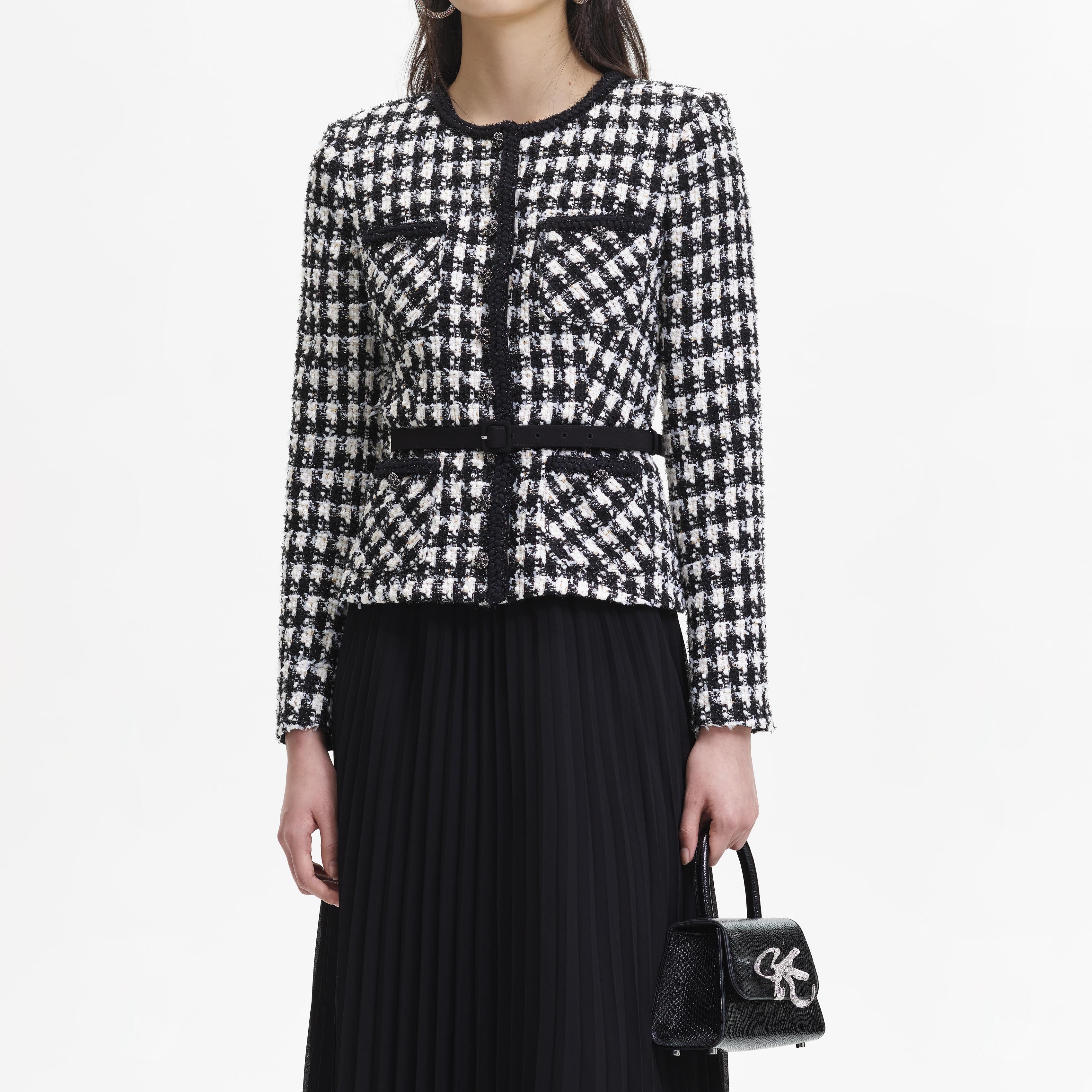 Black Check Boucle Chiffon Midi Dress