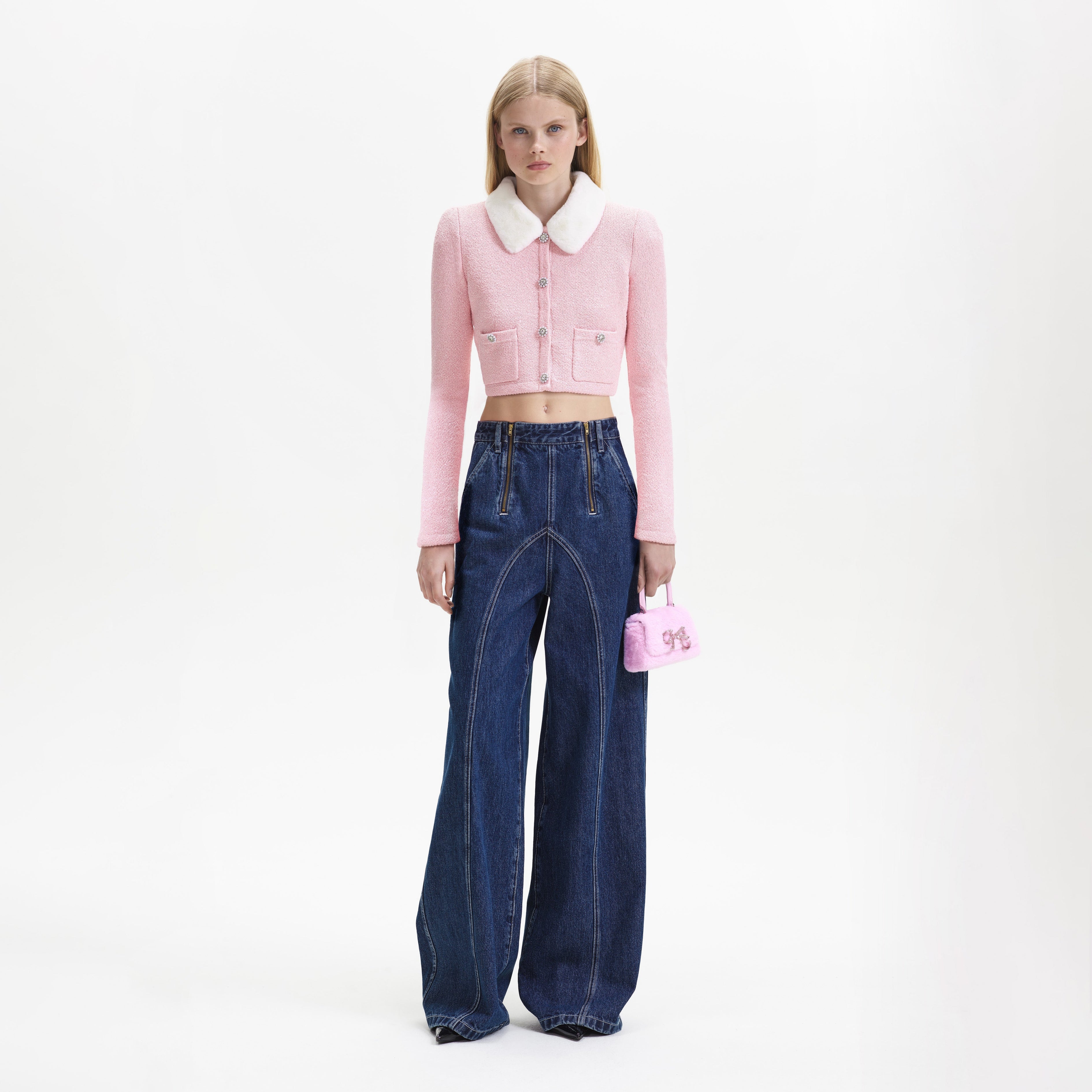 Pink Faux Fur Collar Cardigan