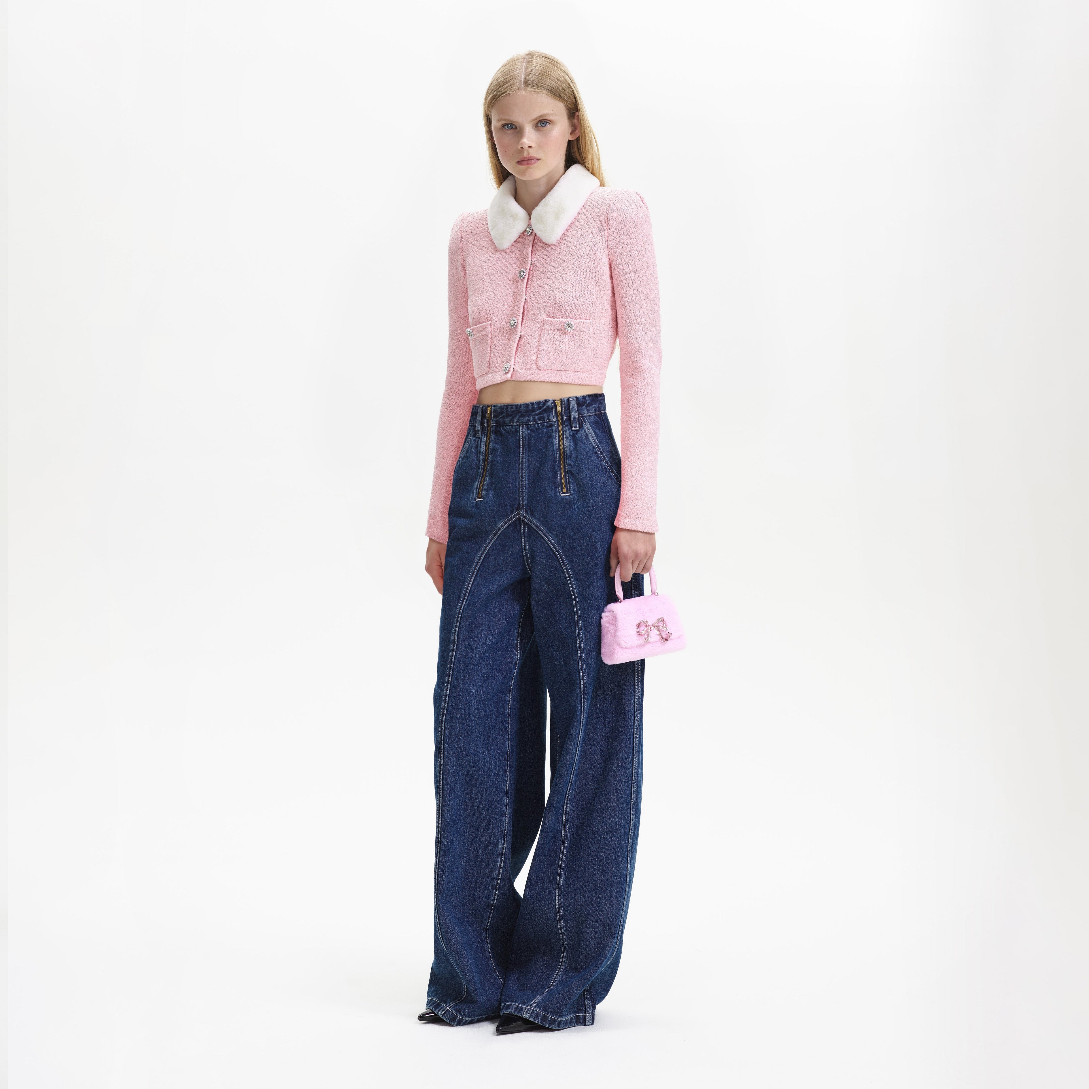 Pink Faux Fur Collar Cardigan