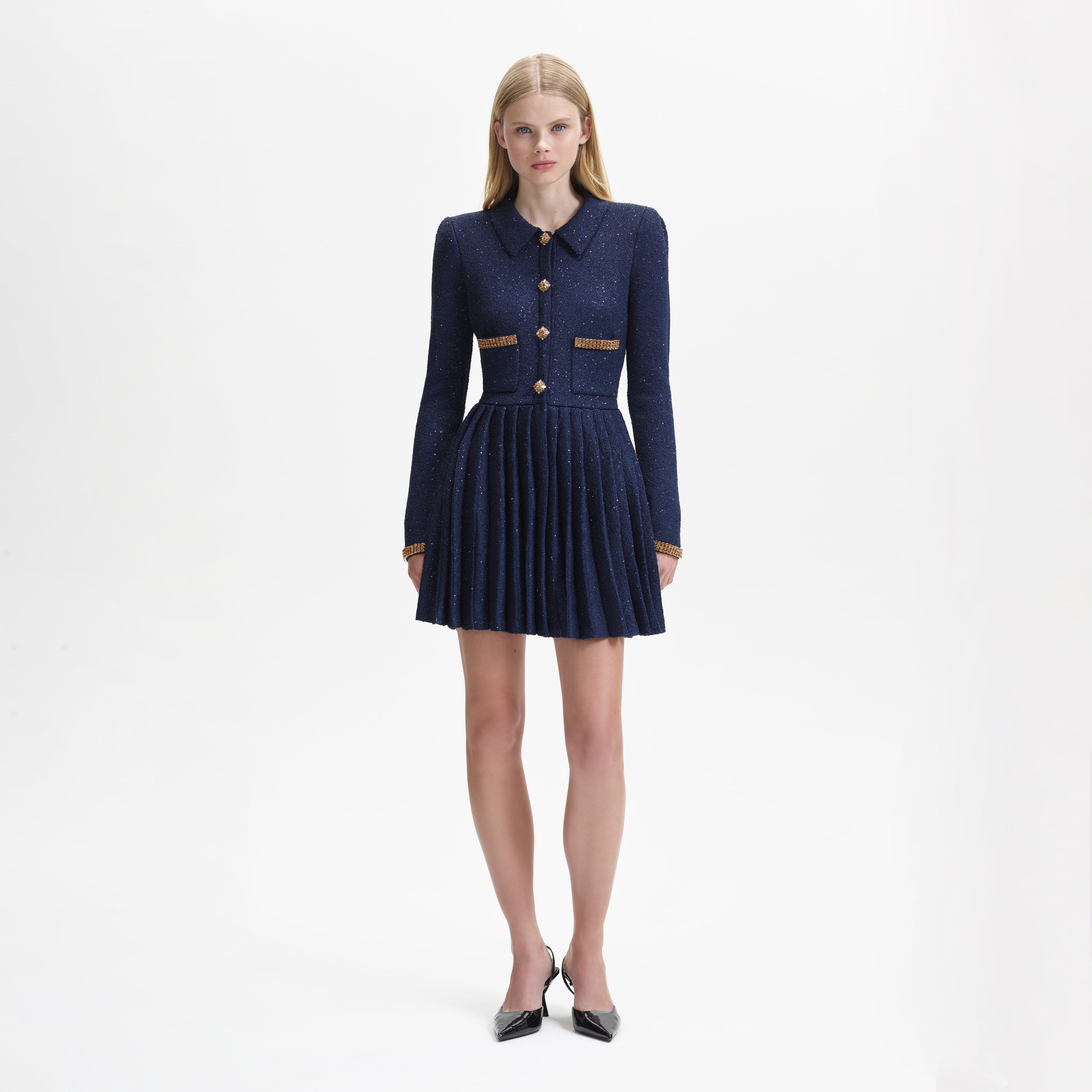 Navy Knit Collar Mini Dress