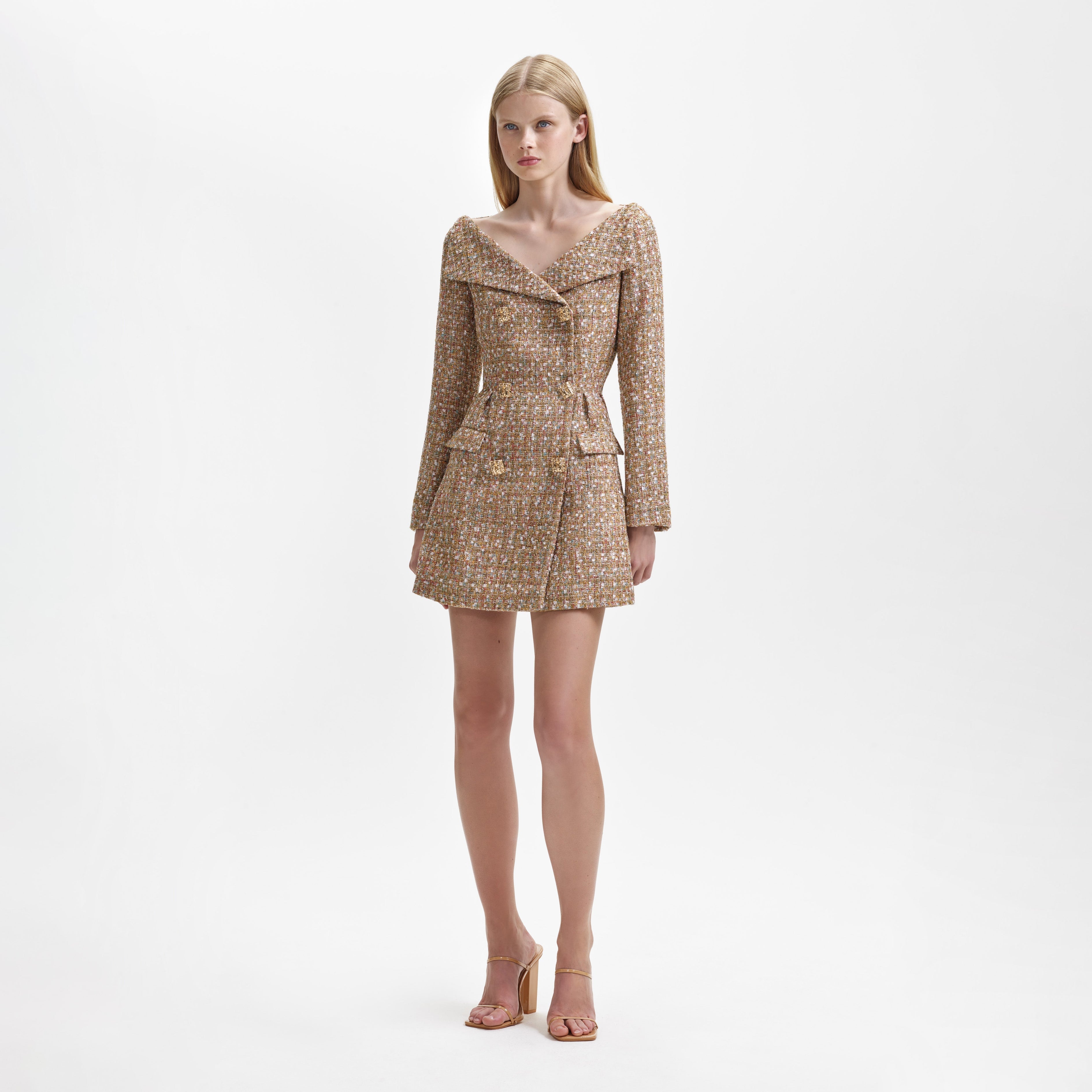 Gold Tinsel Boucle Off Shoulder Mini Dress