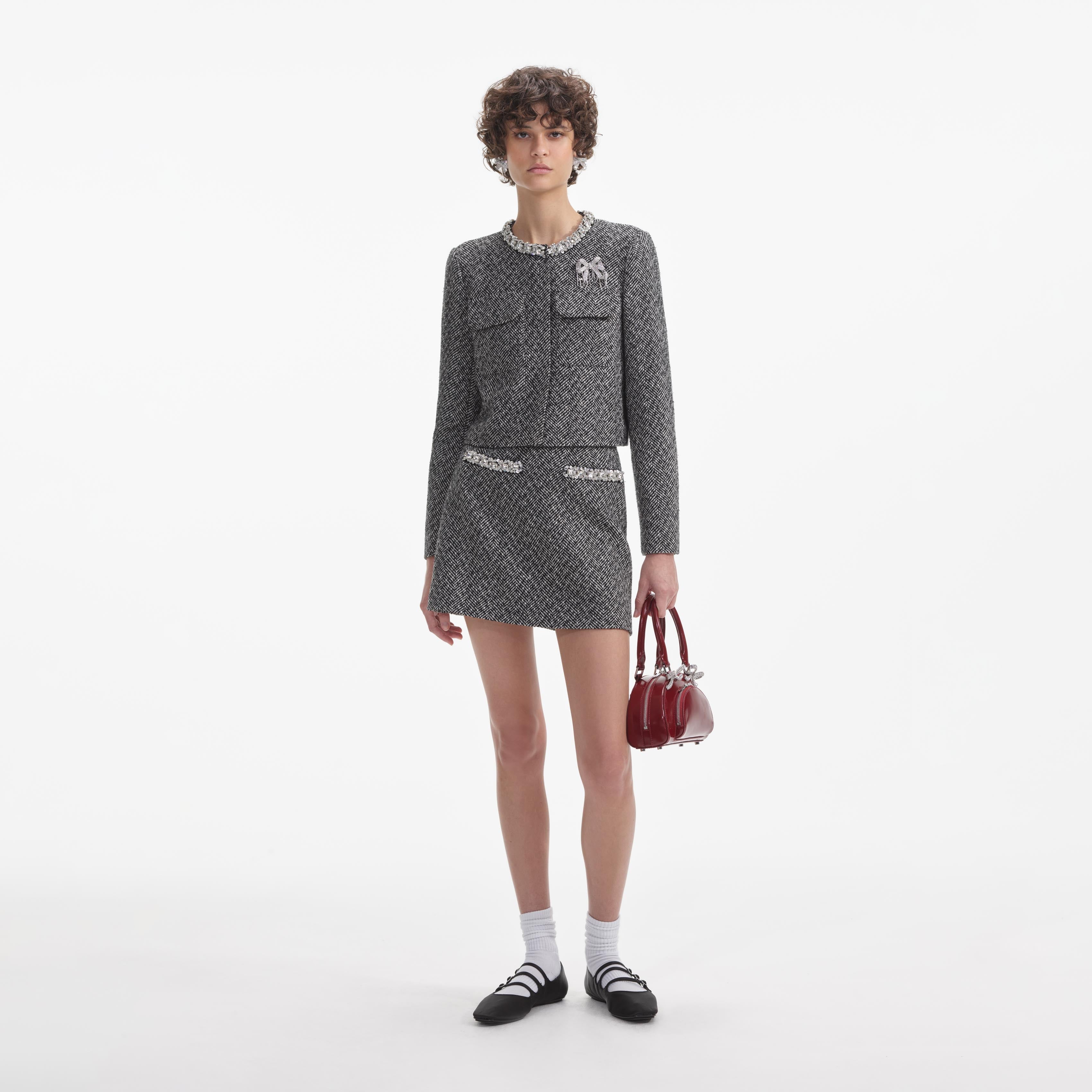 Black Herringbone Embellished Jacket