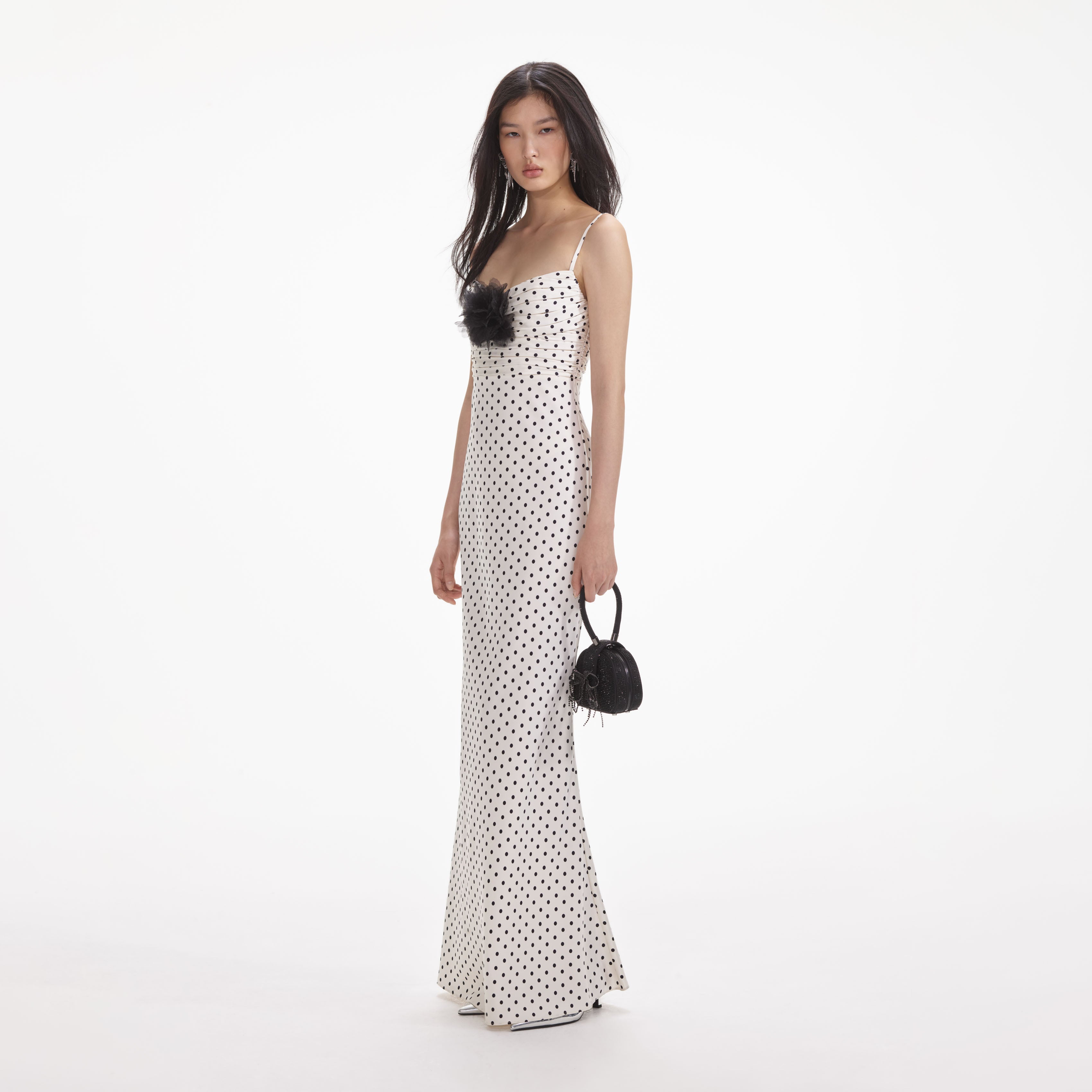 Cream Polka Dot Satin Maxi Dress