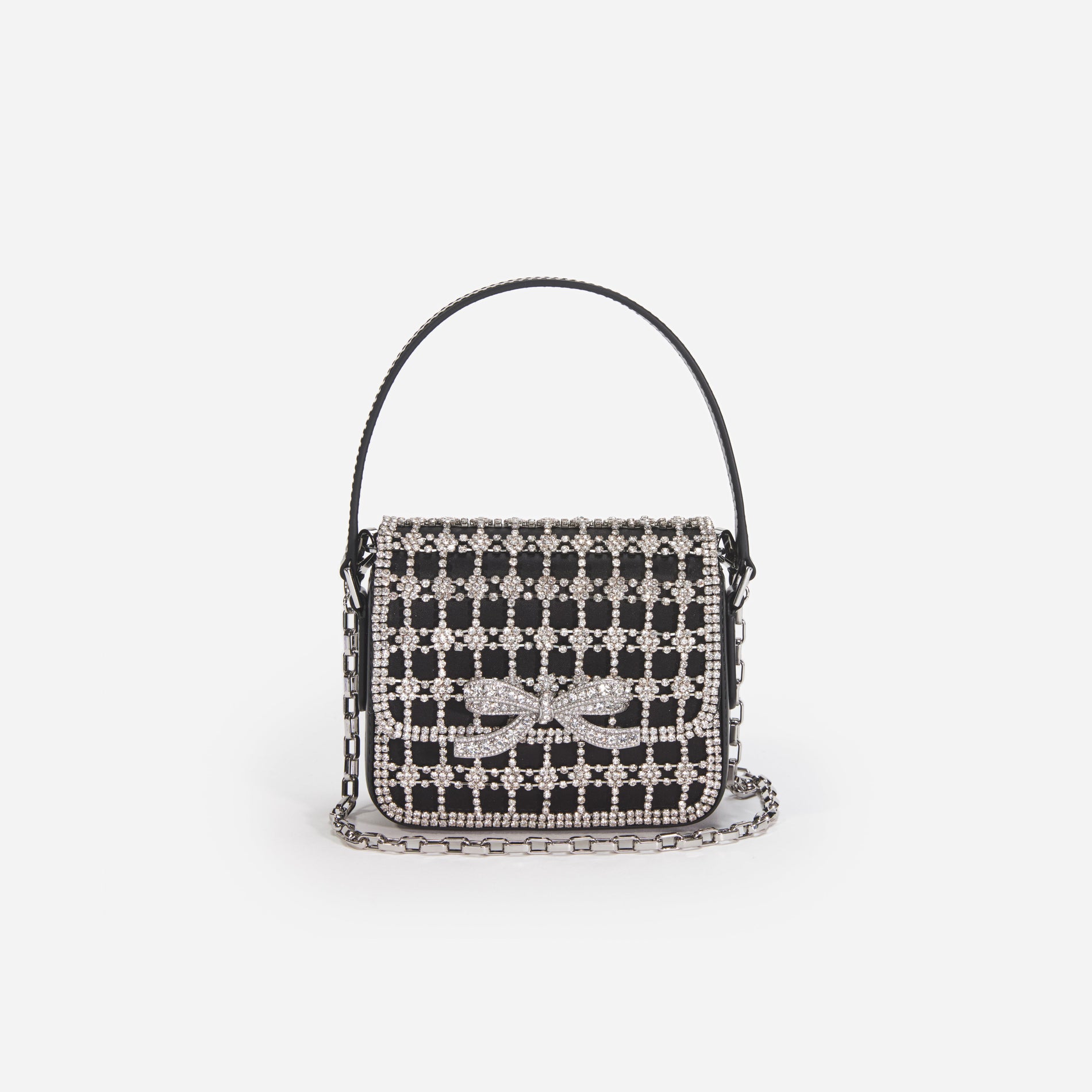 A close up of a woman wearing the Black Crystal Micro Bag