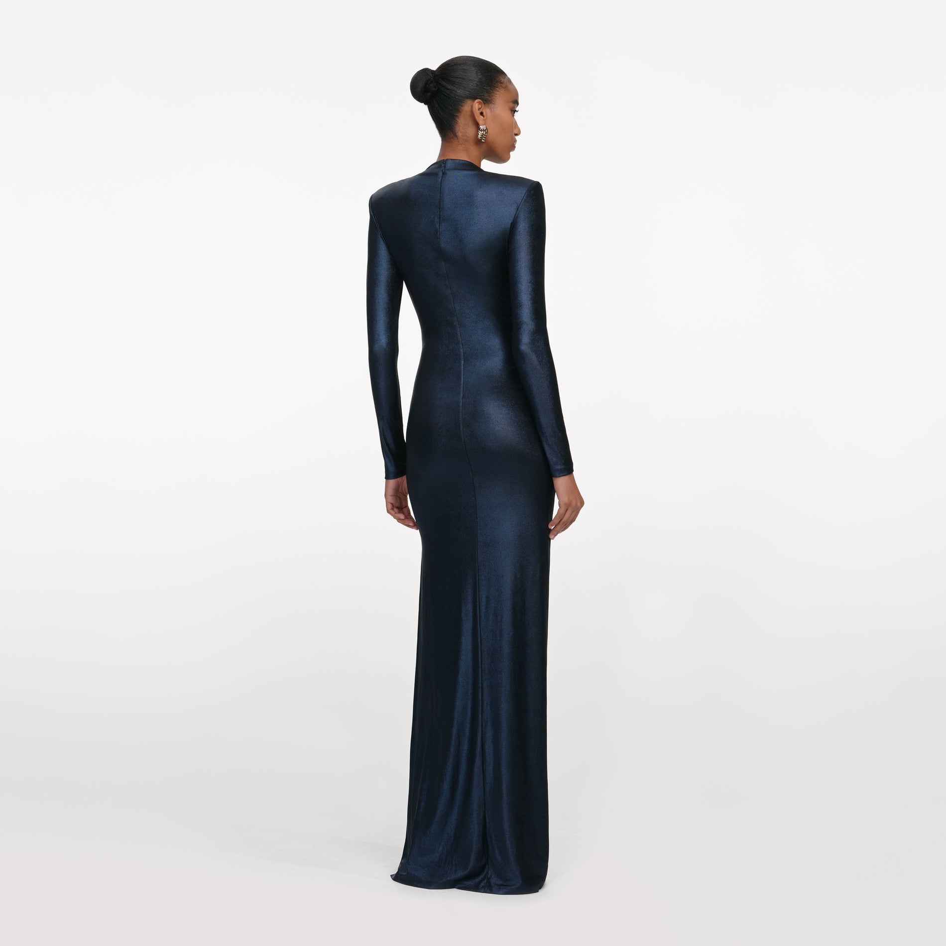 Back view of a woman wearing the Navy Metallic Gathered Maxi Dress