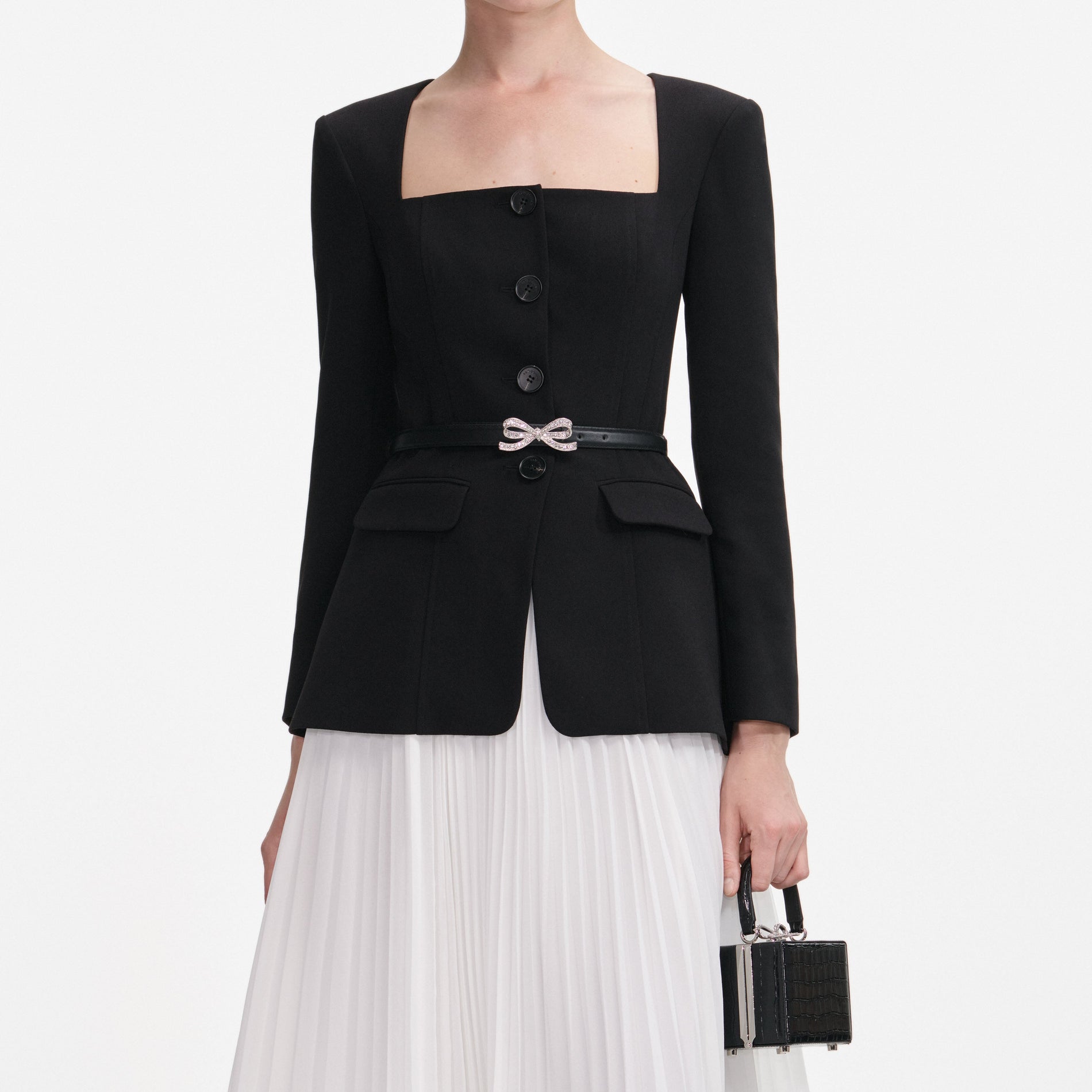 A close up of a woman wearing the Black Long Sleeve Contrast Chiffon Midi Dress