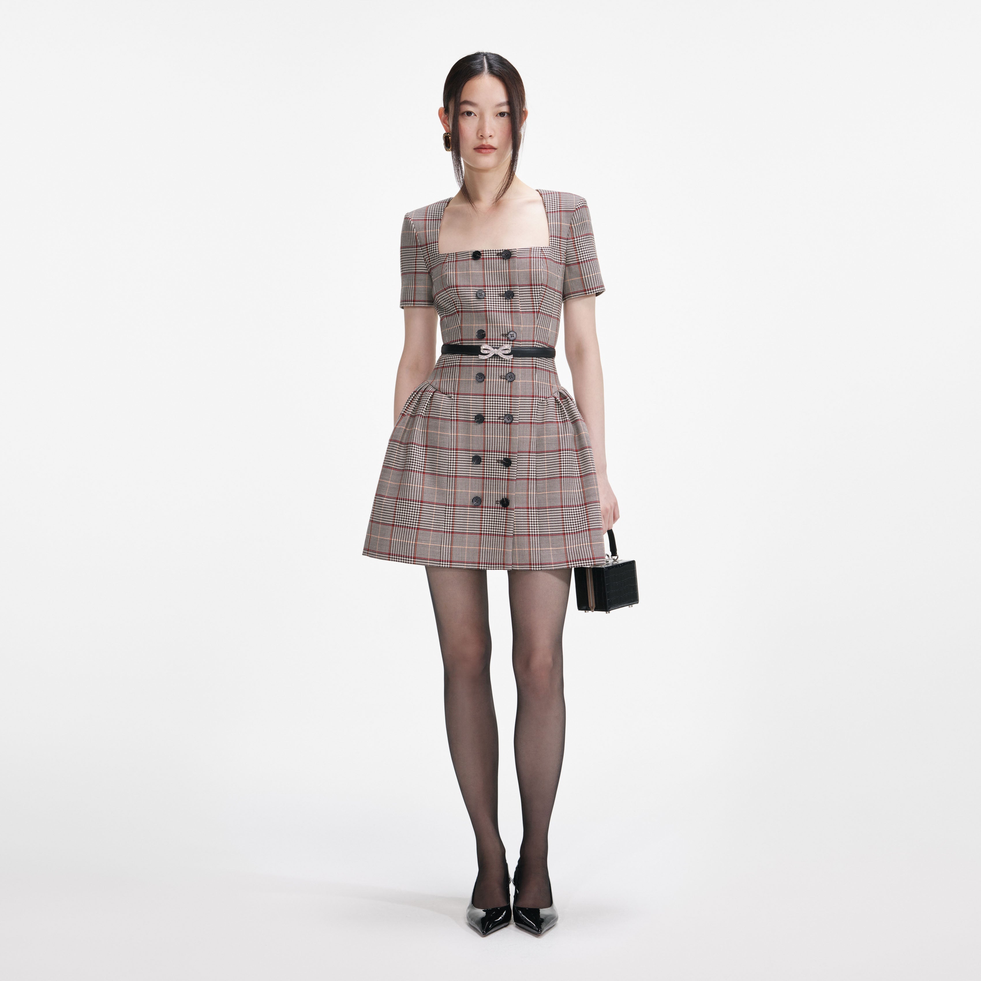 Brown Check Short Sleeve Mini Dress