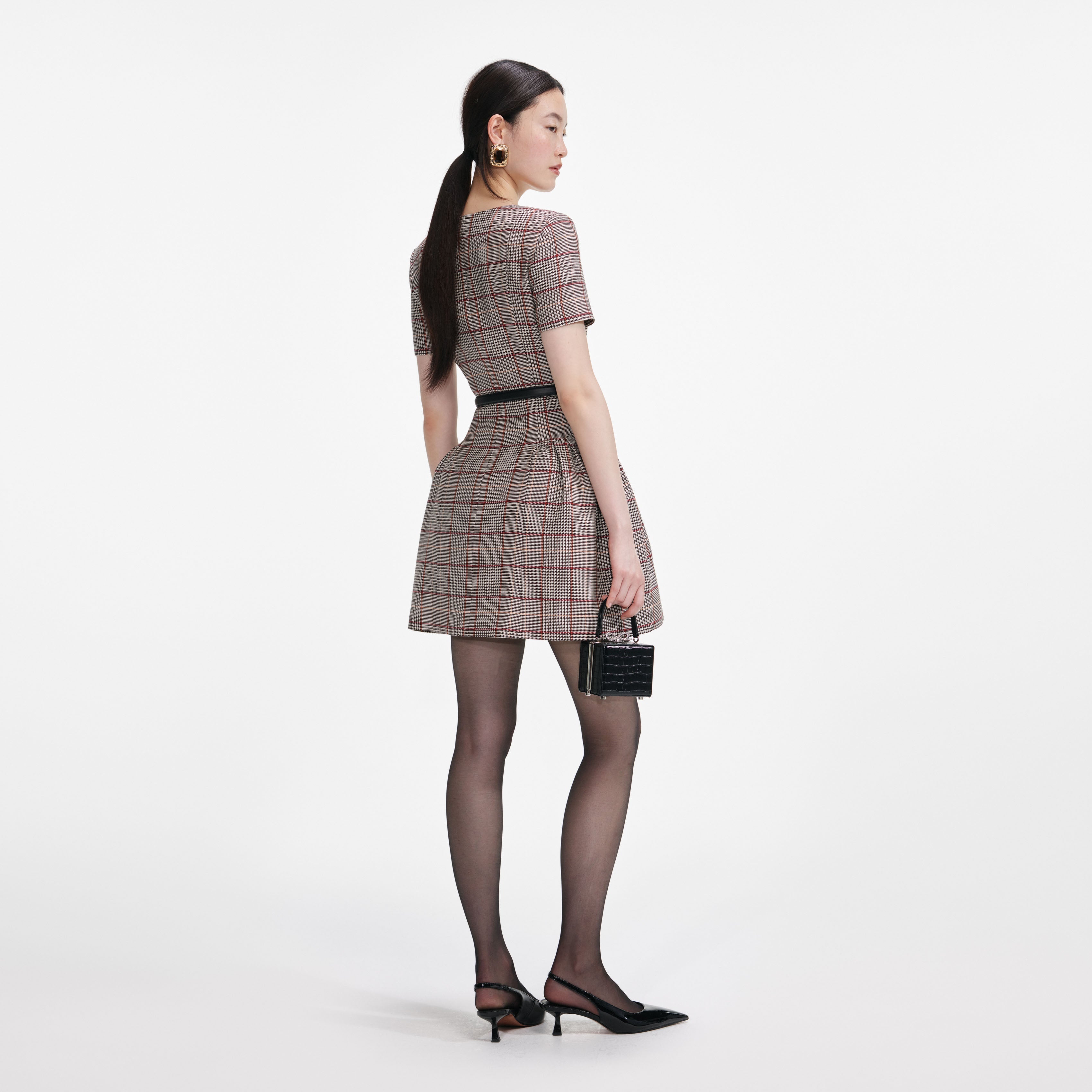 Brown Check Short Sleeve Mini Dress