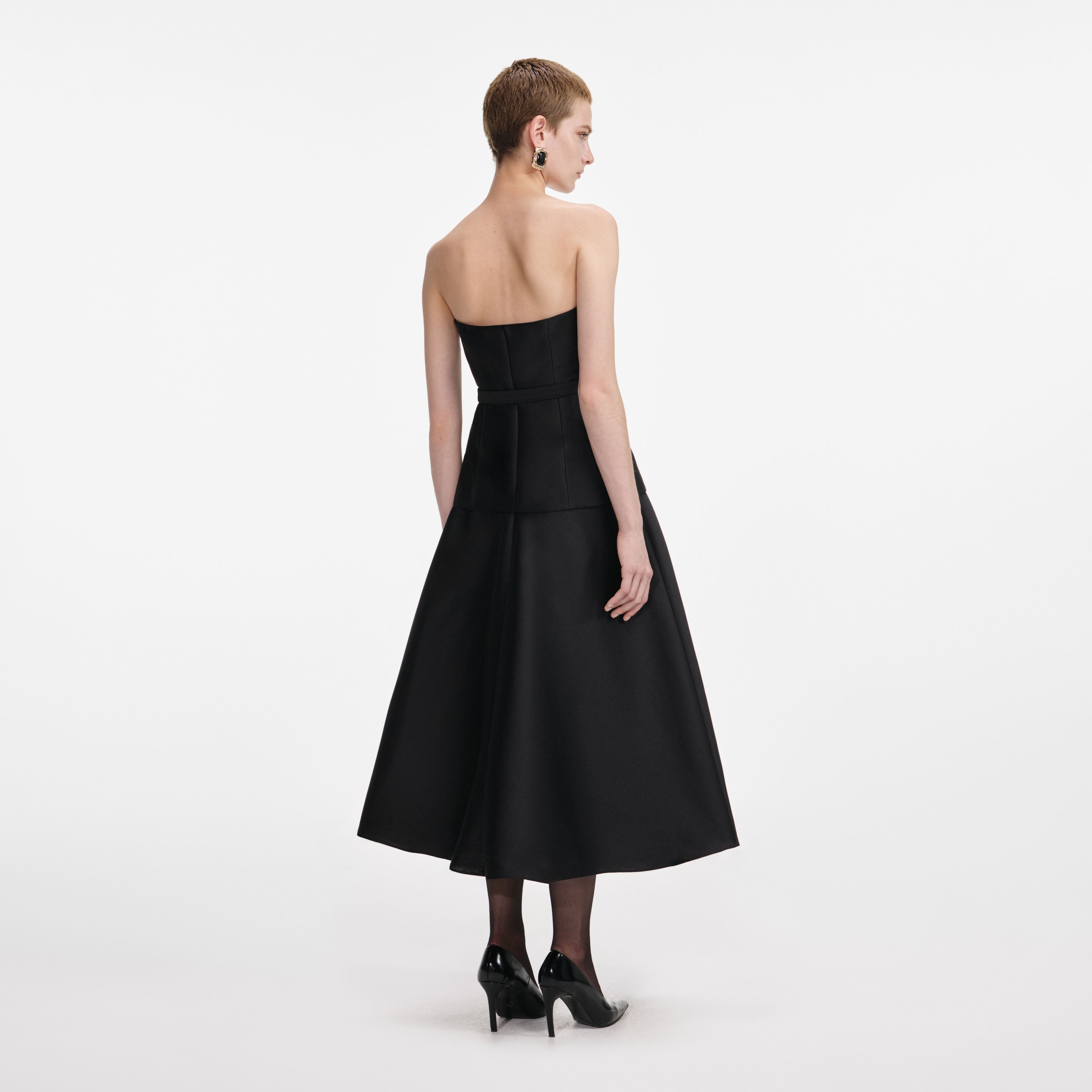 Black Taffeta Bandeau Midi Dress