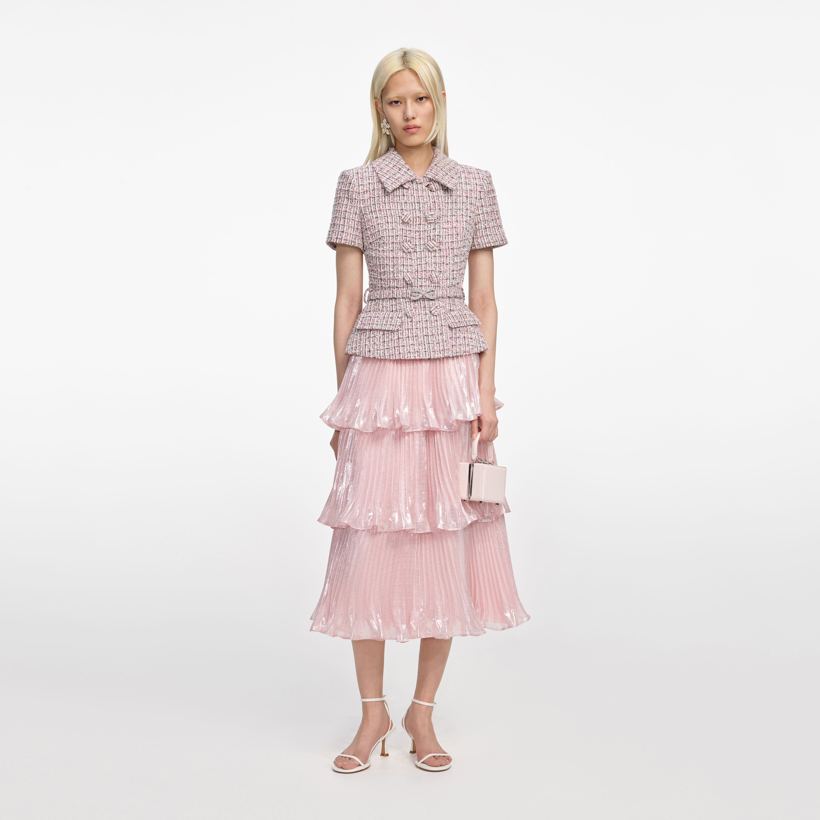 Pink Boucle Metallic Tiered Midi Dress