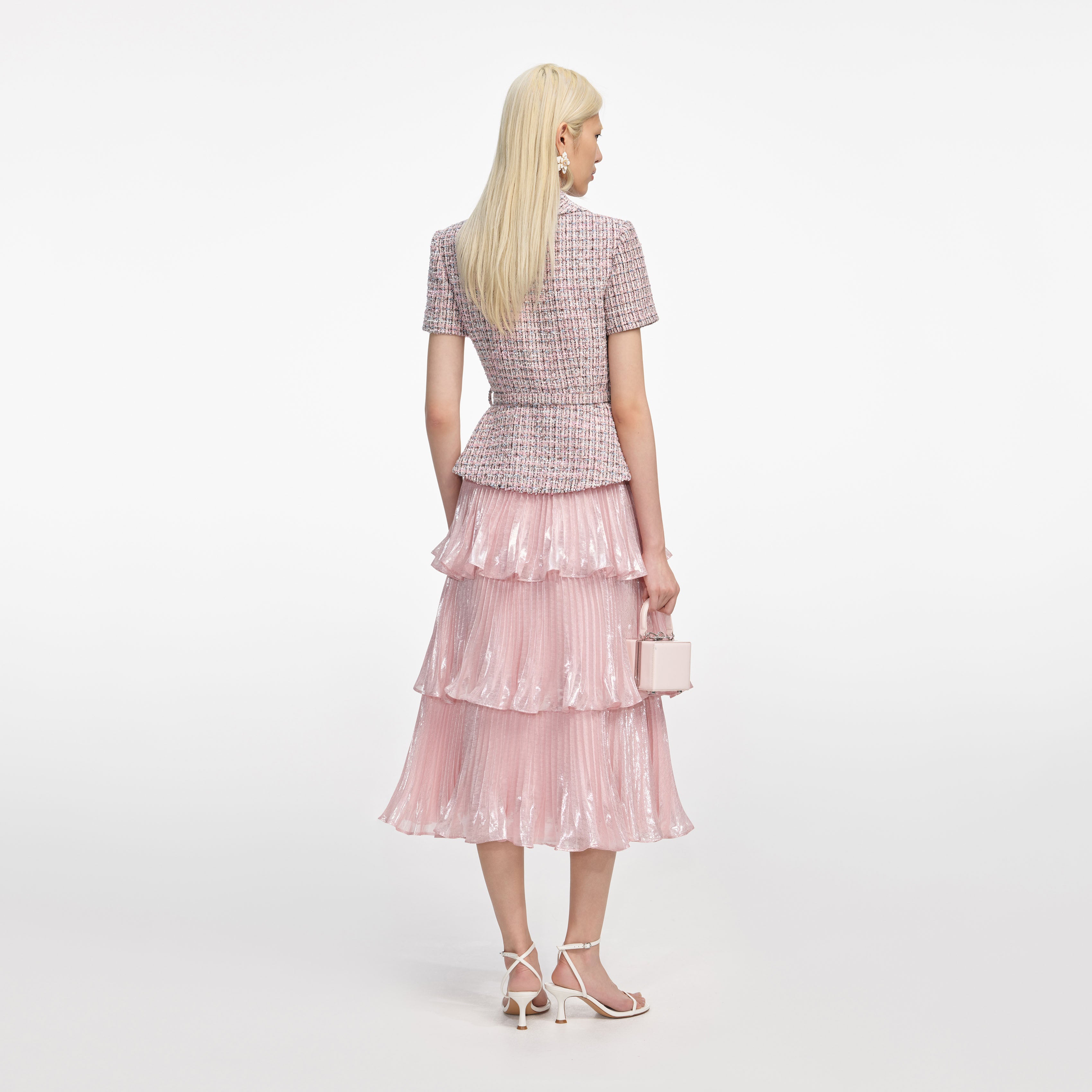 Pink Boucle Metallic Tiered Midi Dress