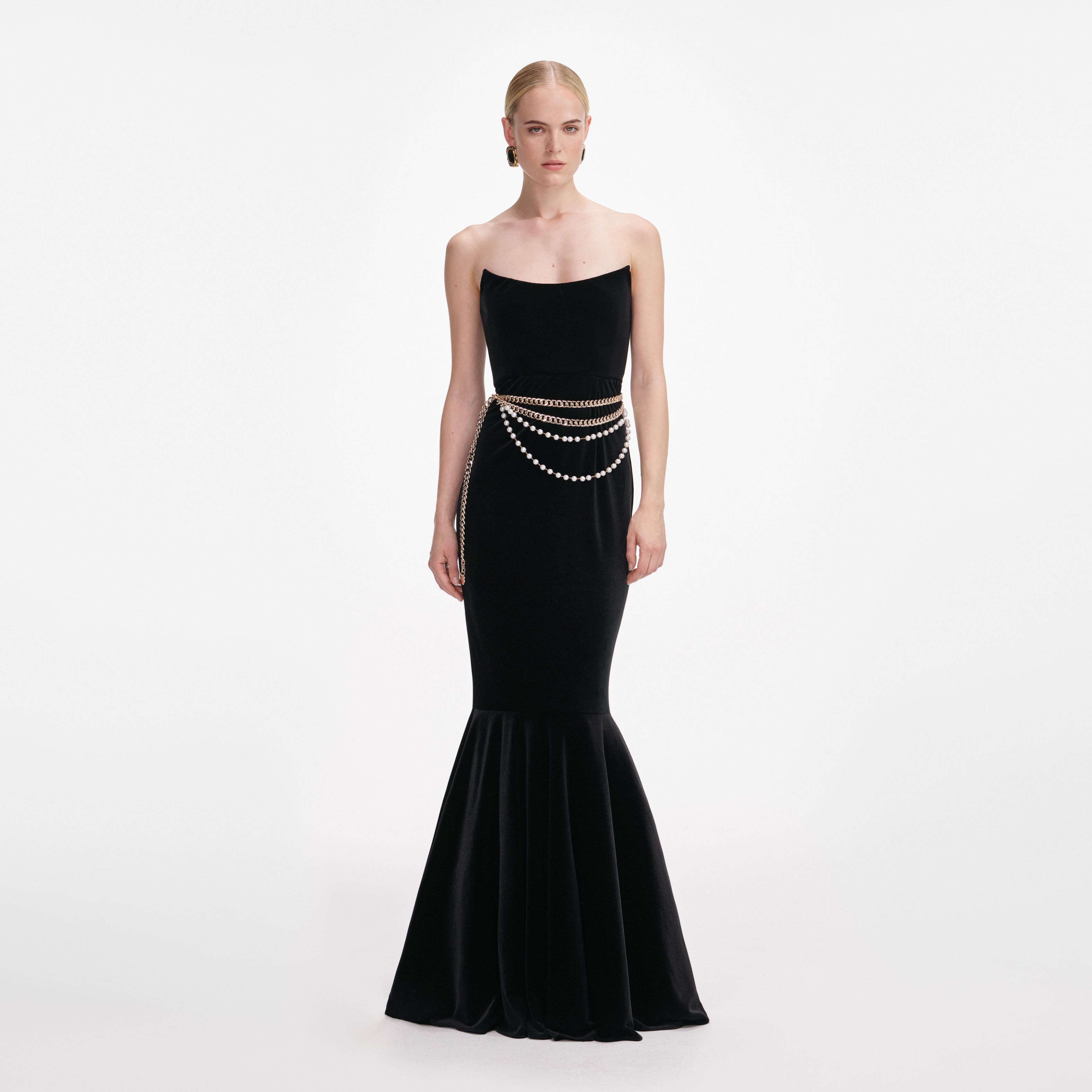 Black Velvet Chain Belt Maxi Dress