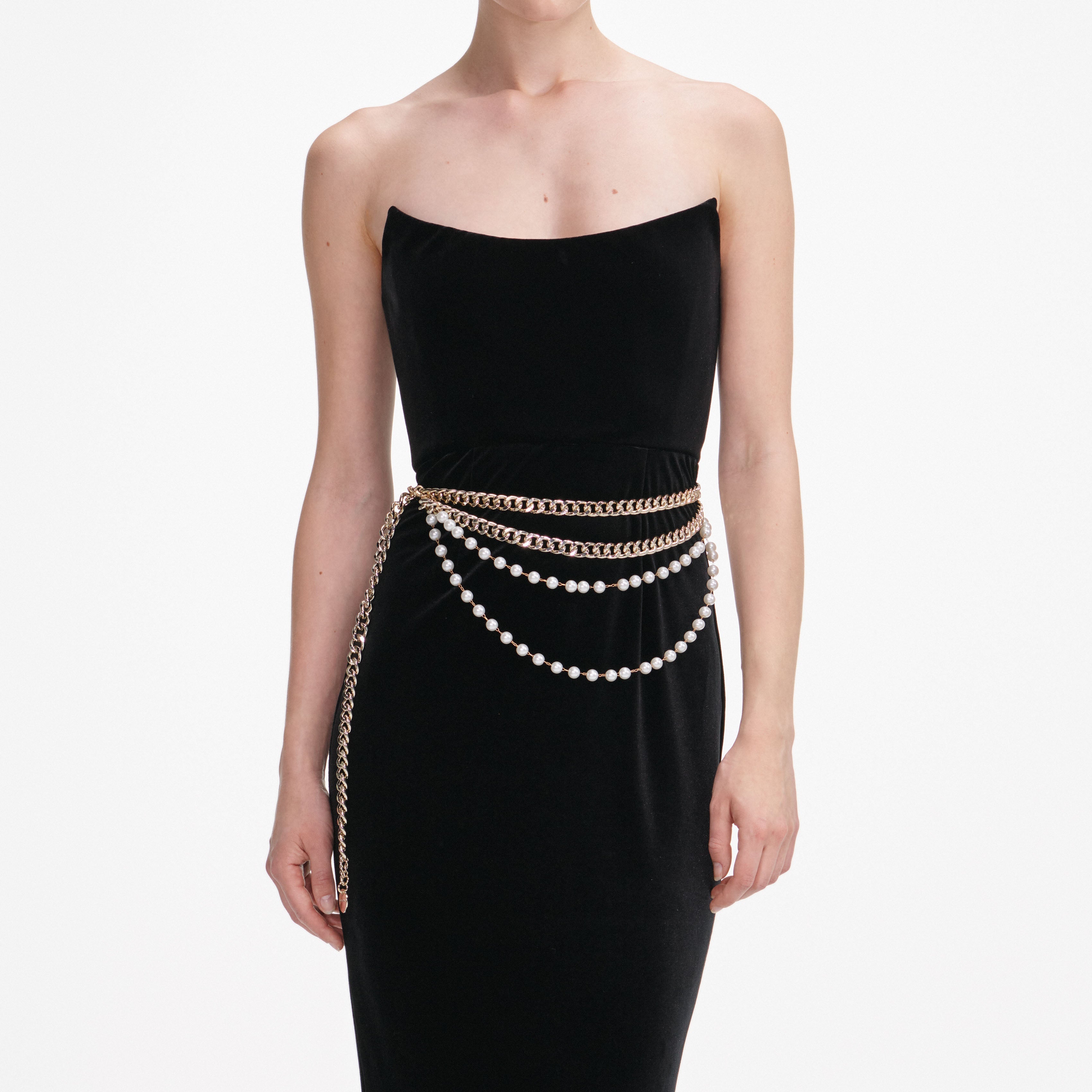 Black Velvet Chain Belt Maxi Dress
