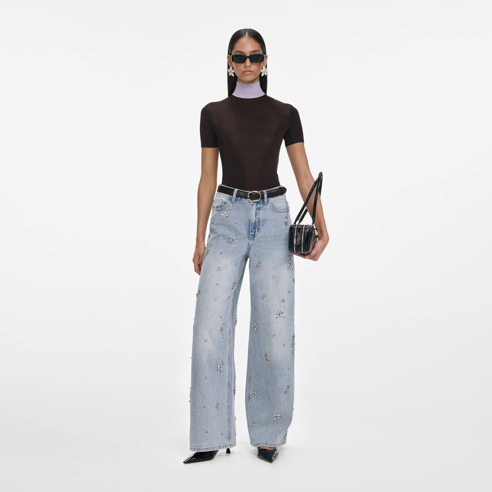 Light Blue Embellished Wide Leg Jeans