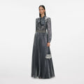 Grey Metallic Tie Neck Maxi Dress
