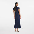 Navy Rhinestone Mesh Cut Out Midi Dress