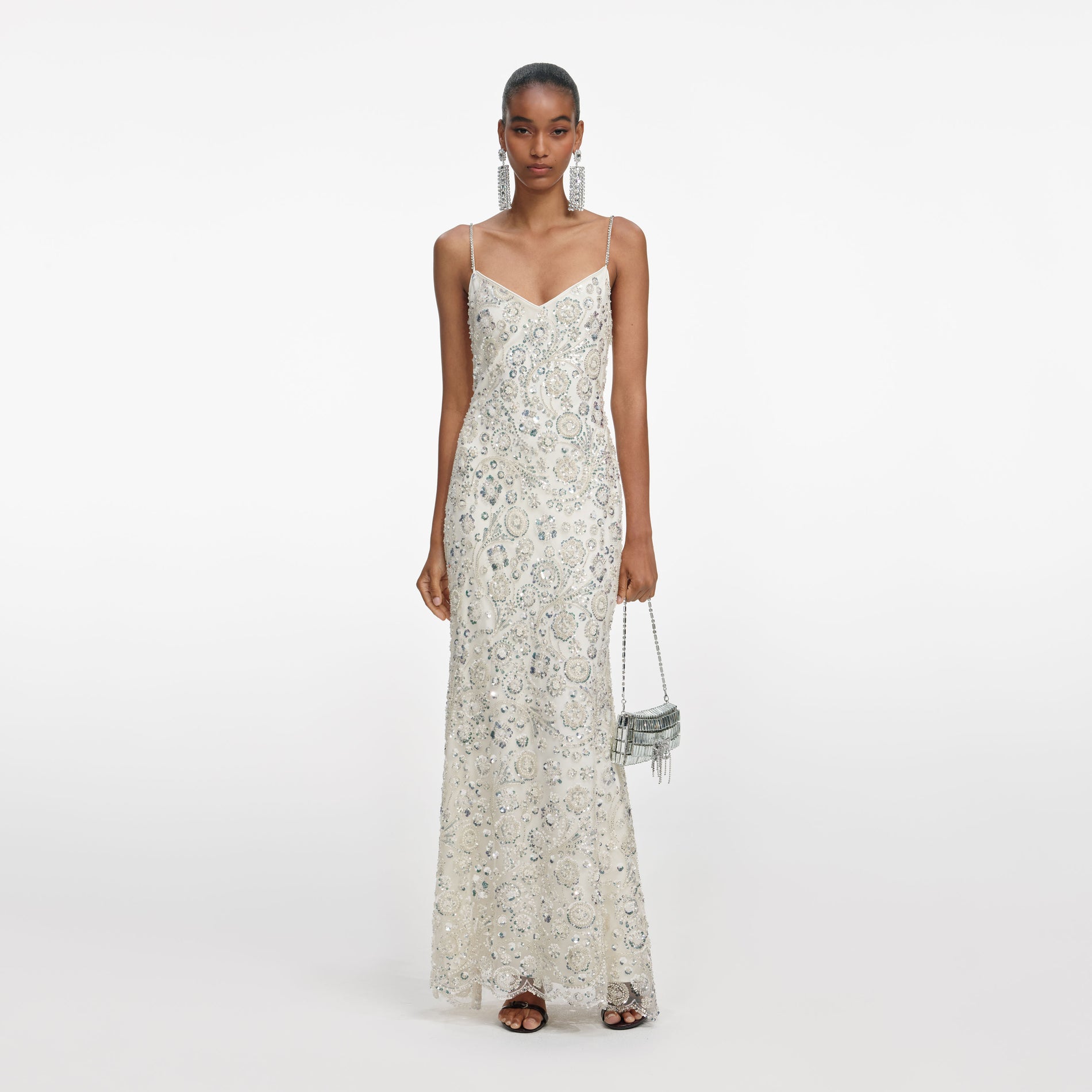 Cream Floral Sequin Maxi Dress