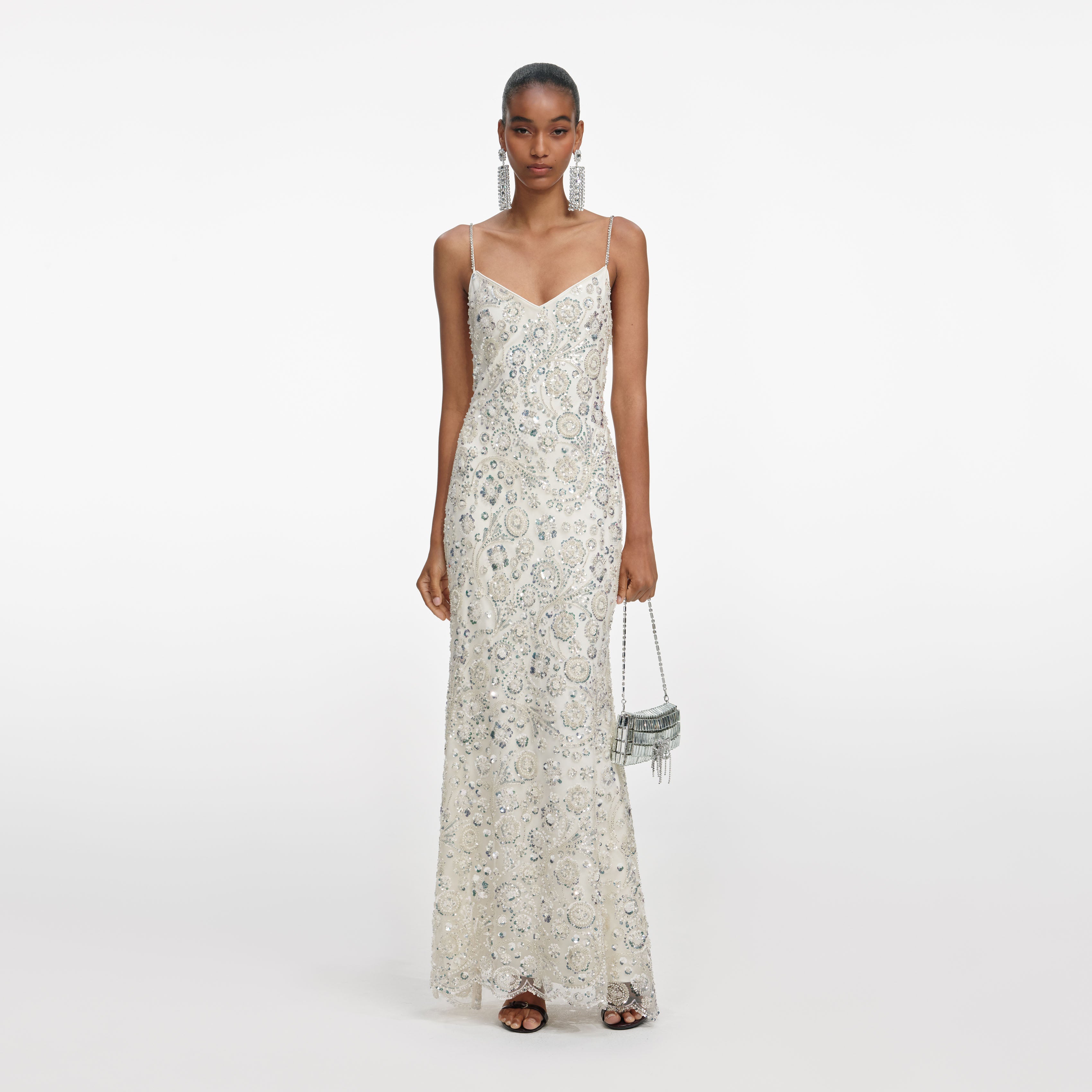Cream Floral Sequin Maxi Dress
