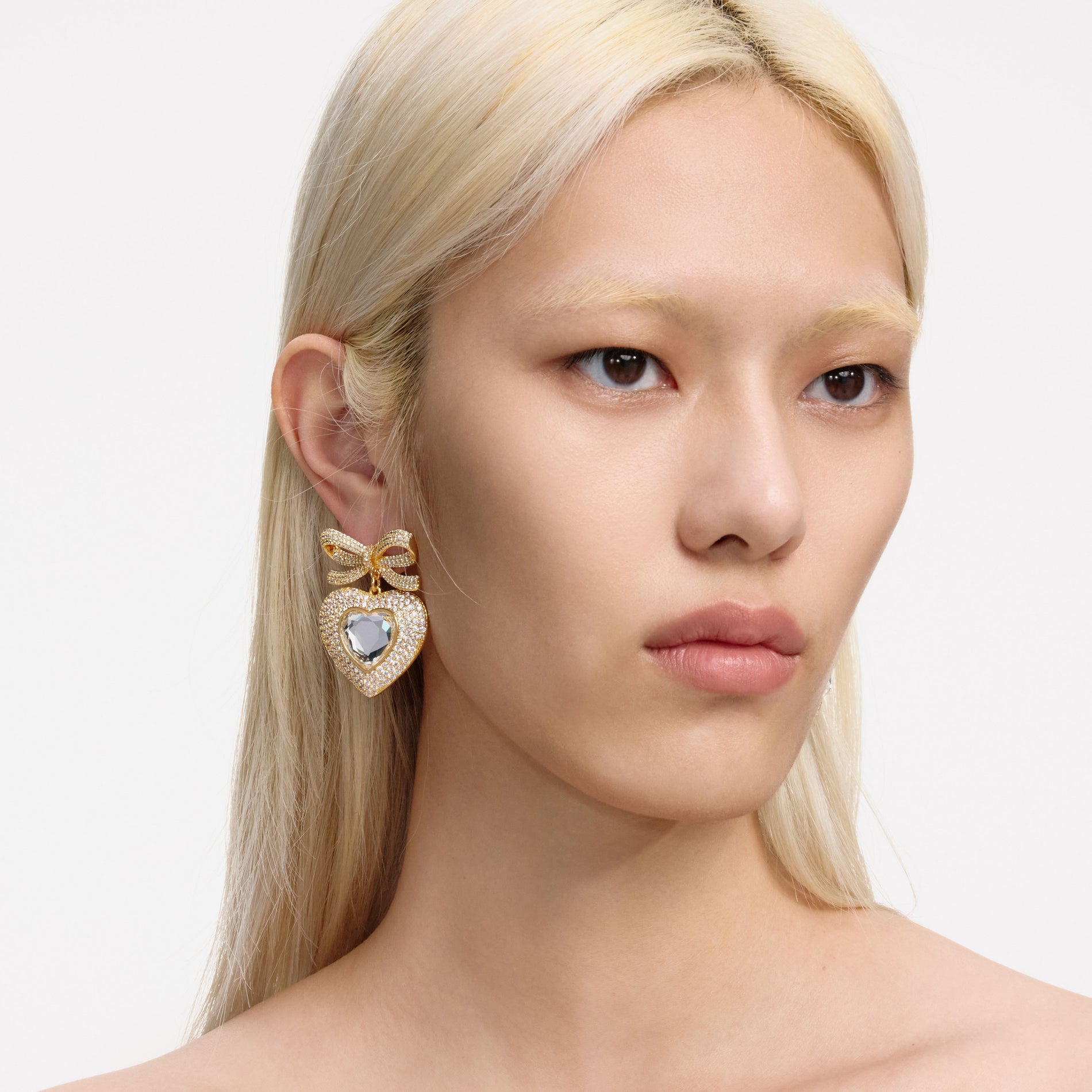 Gold Bow Crystal Heart Earrings