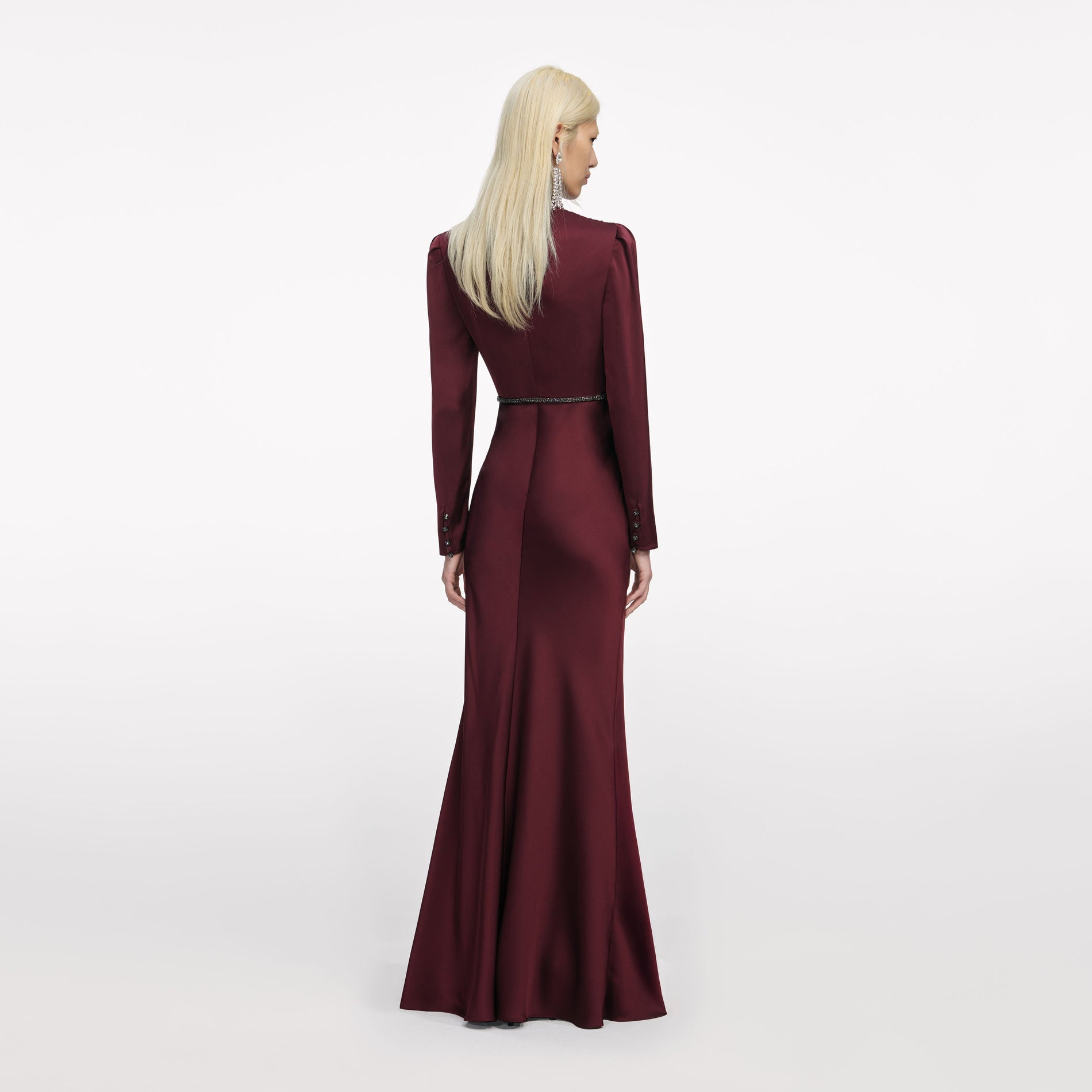Back view of a woman wearing the Burgundy Satin Maxi Dress