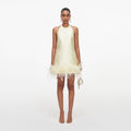 Yellow Taffeta Feather Trim Mini Dress
