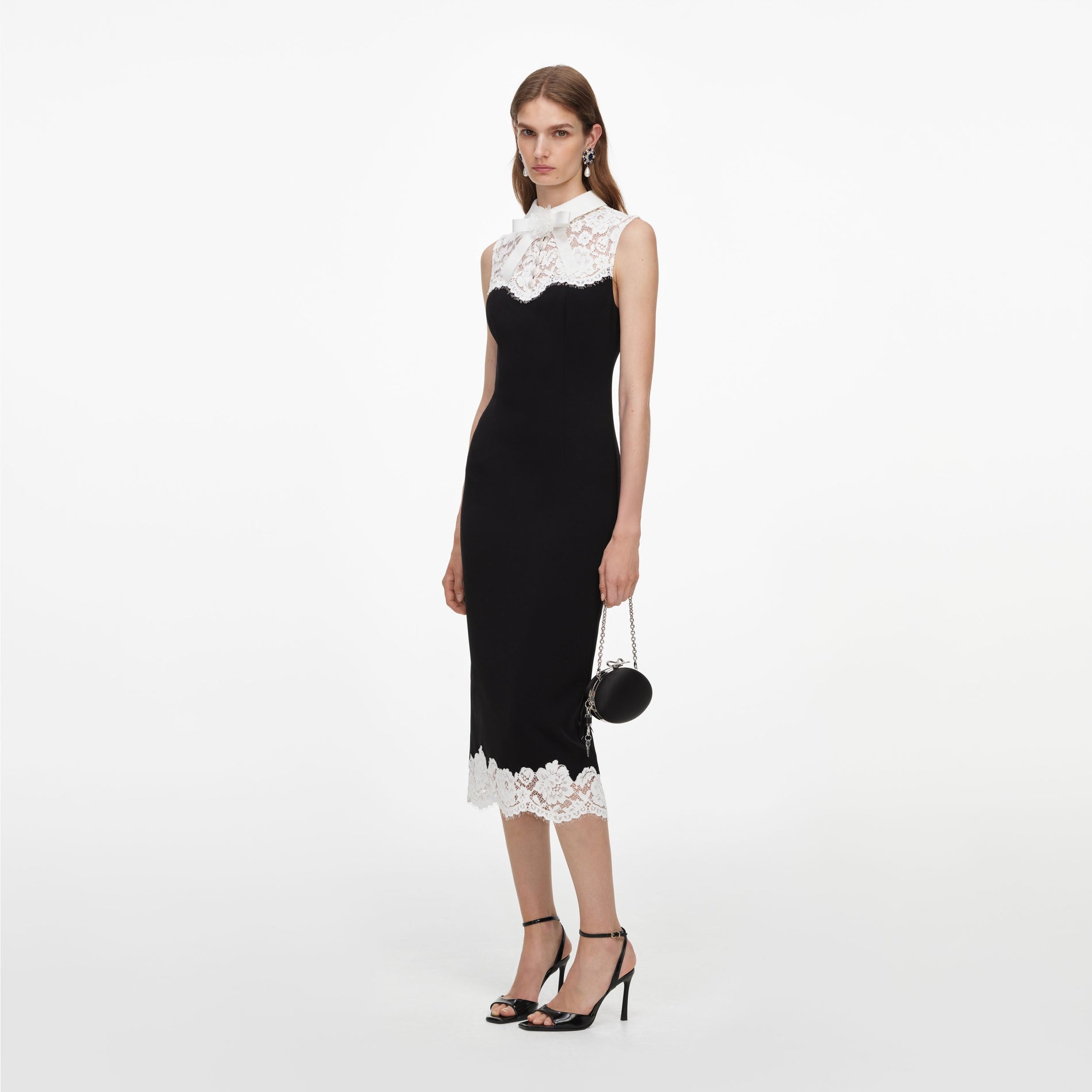 Black Contrast Lace Bodice Midi Dress