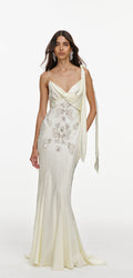 Cream Satin Jacquard Embellished Midi Dress