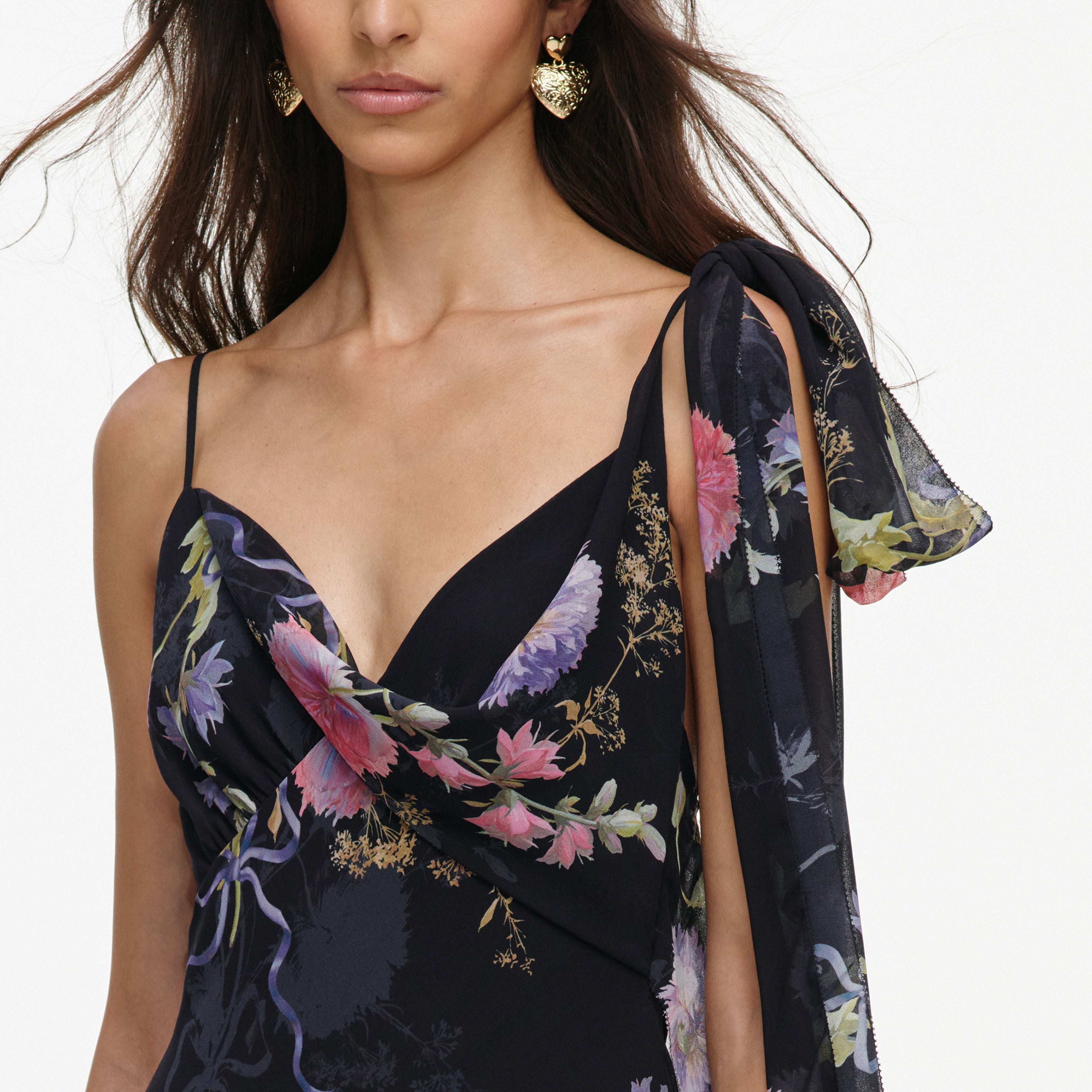 Black Floral Georgette Feather Maxi Dress