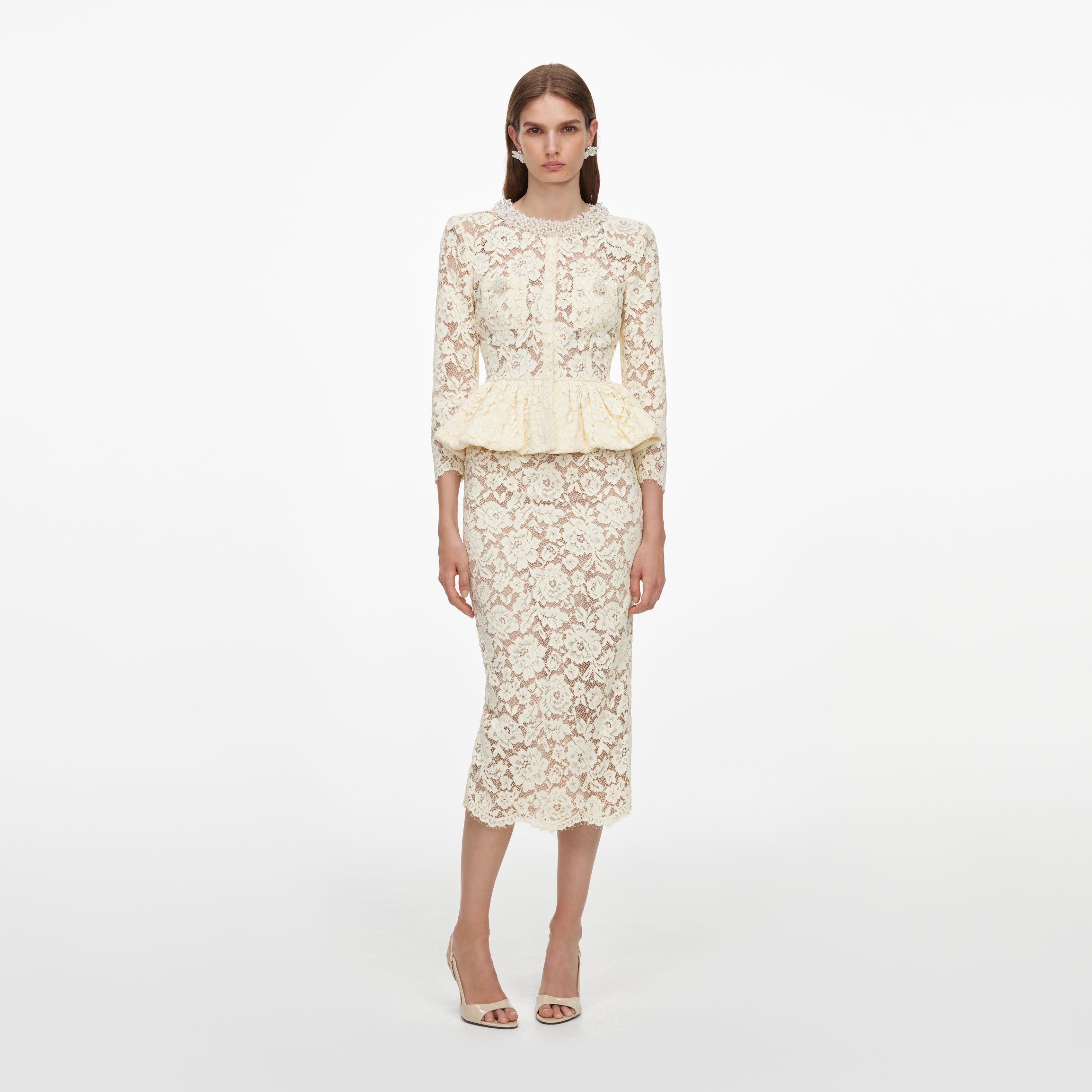 Yellow Lace Peplum Midi Dress