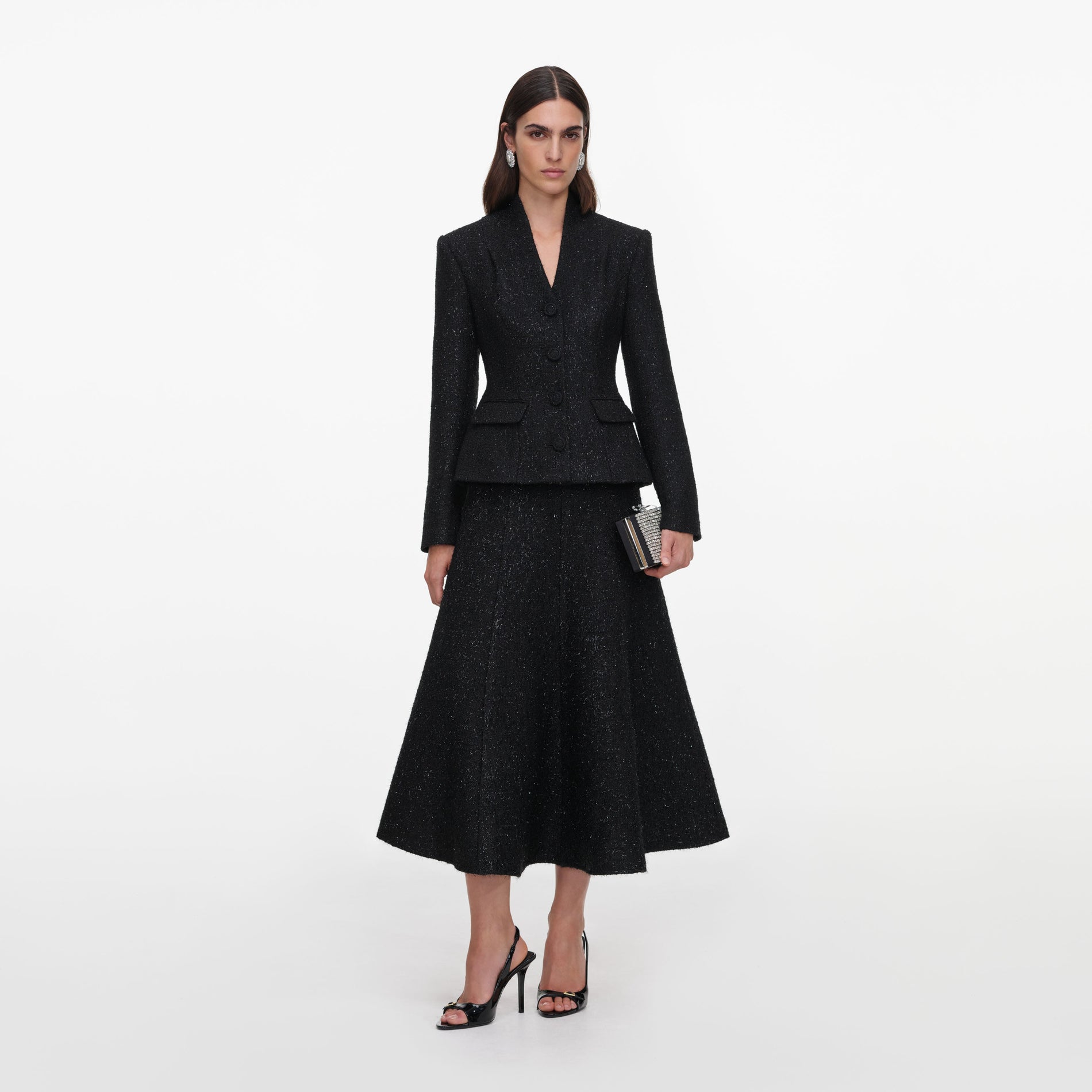Black Metallic Boucle Midi Dress