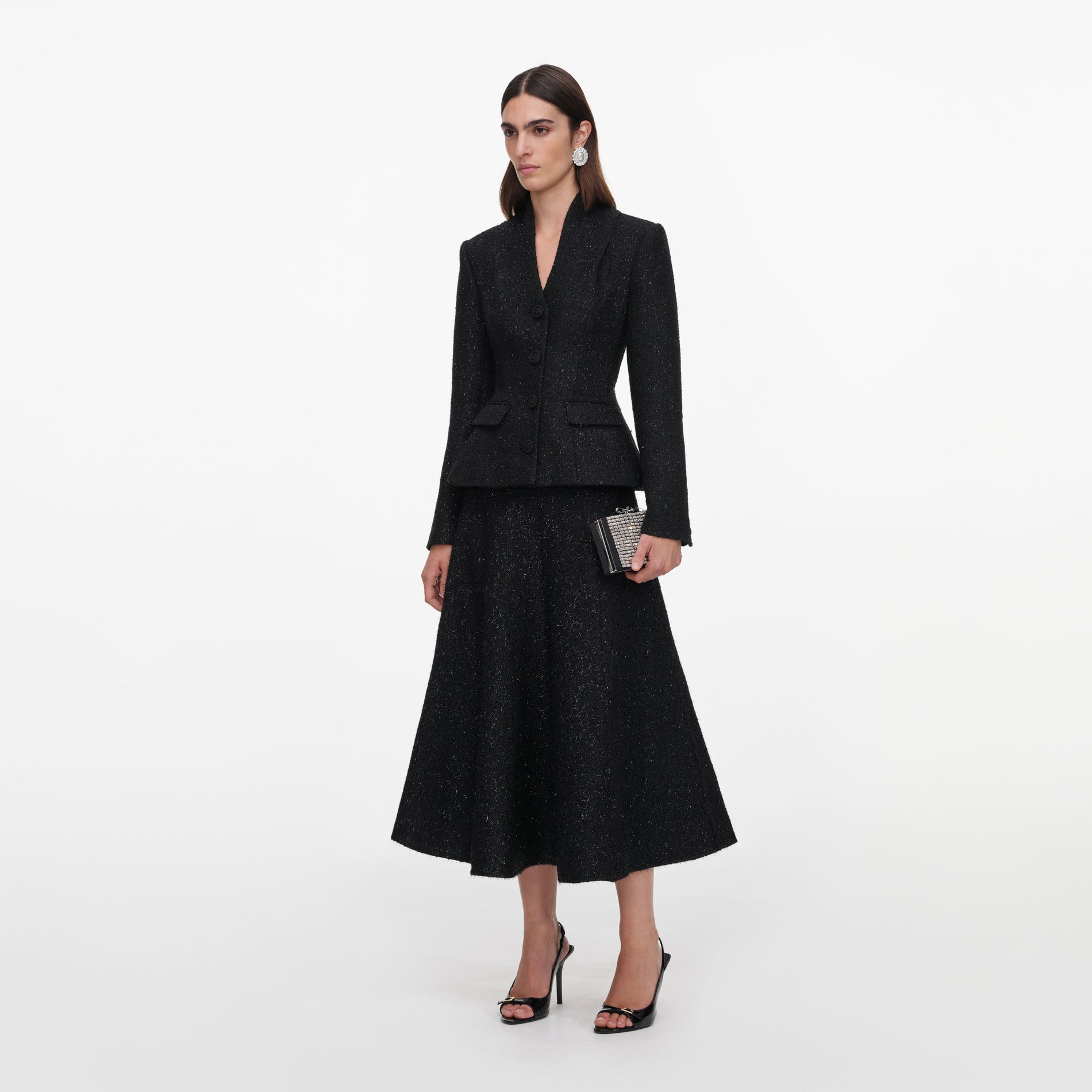 Black Metallic Boucle Midi Dress