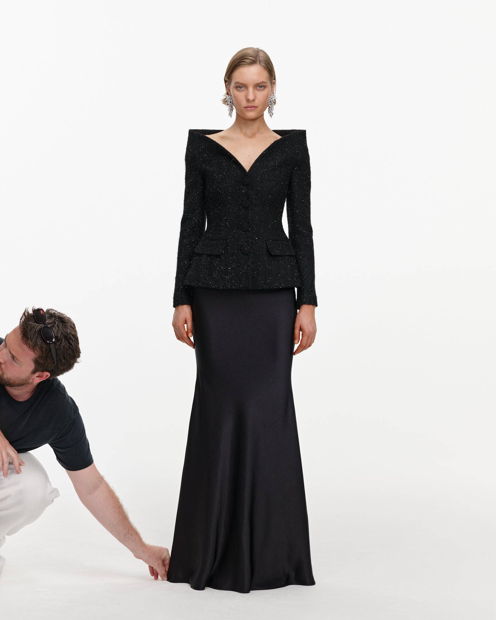 Black Metallic Boucle Satin Maxi Dress