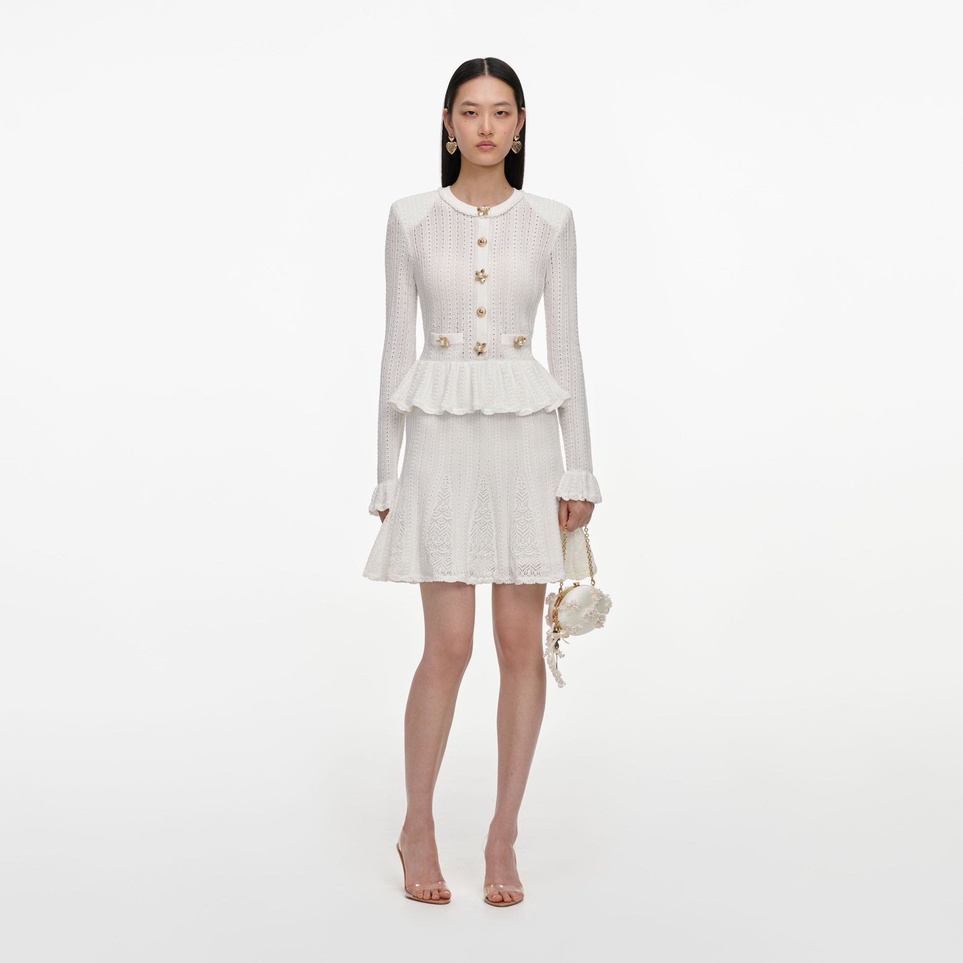White Pointelle Peplum Knit Mini Dress