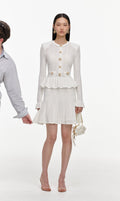 White Pointelle Peplum Knit Mini Dress
