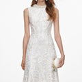 White Sequin Lace Feather Midi Dress