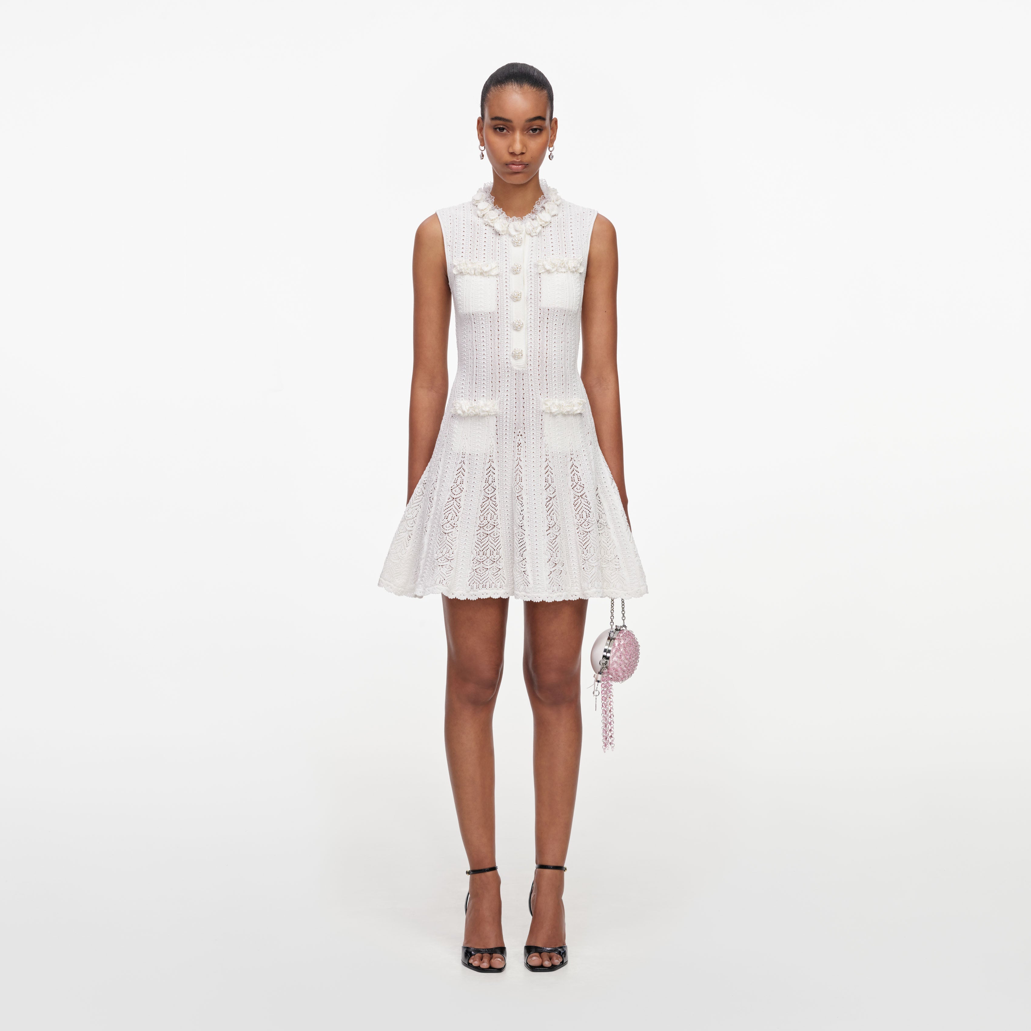 White Flower Trim Knit Mini Dress