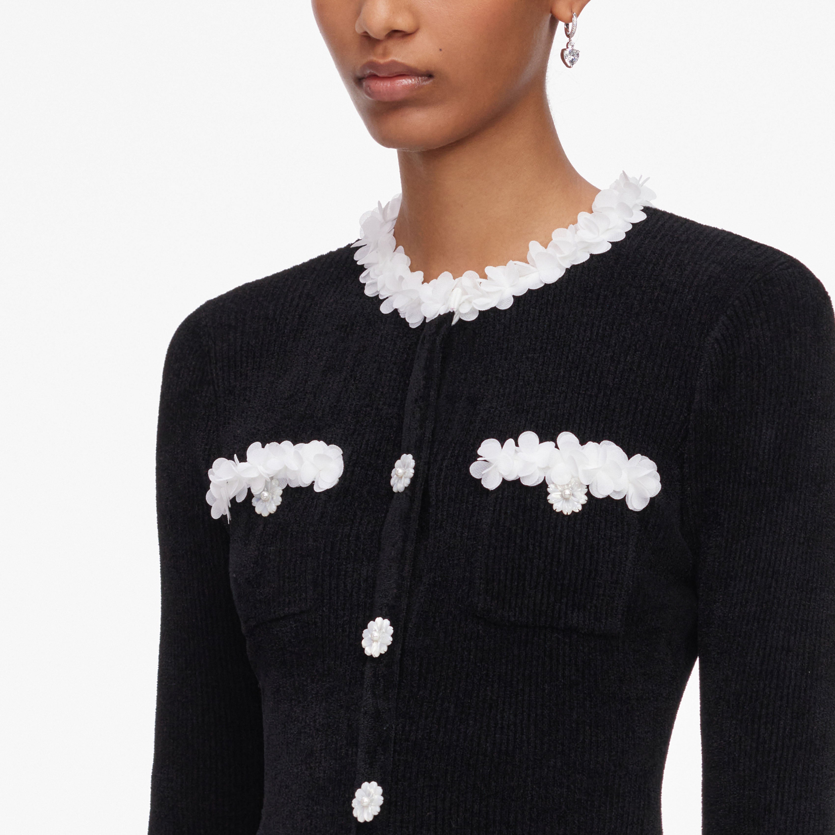 Black Chenille Knit Flower Trim Mini Dress