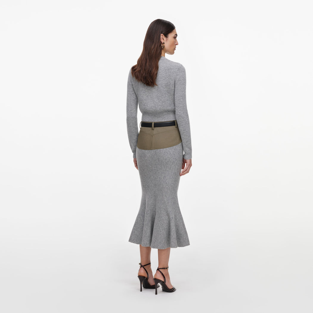 Grey Knit Khaki Denim Insert Midi Skirt