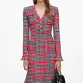 Red Check Frayed Knit Midi Dress
