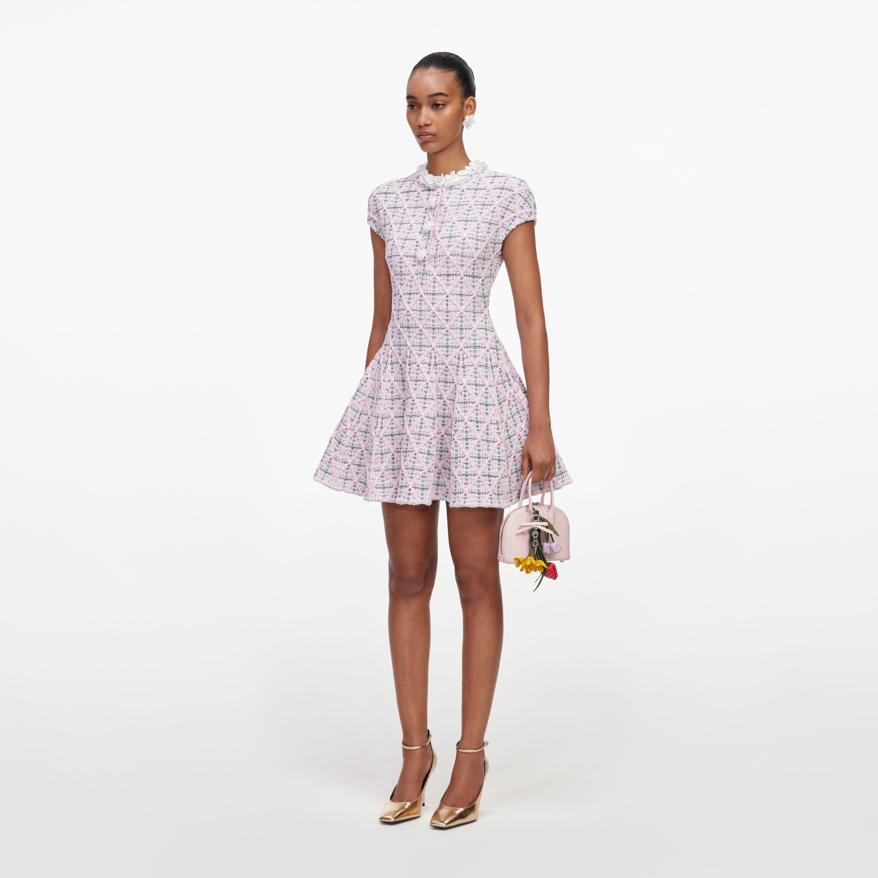 Pink Check Knit Beaded Mini Dress