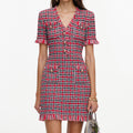Red Check Frayed Knit Mini Dress