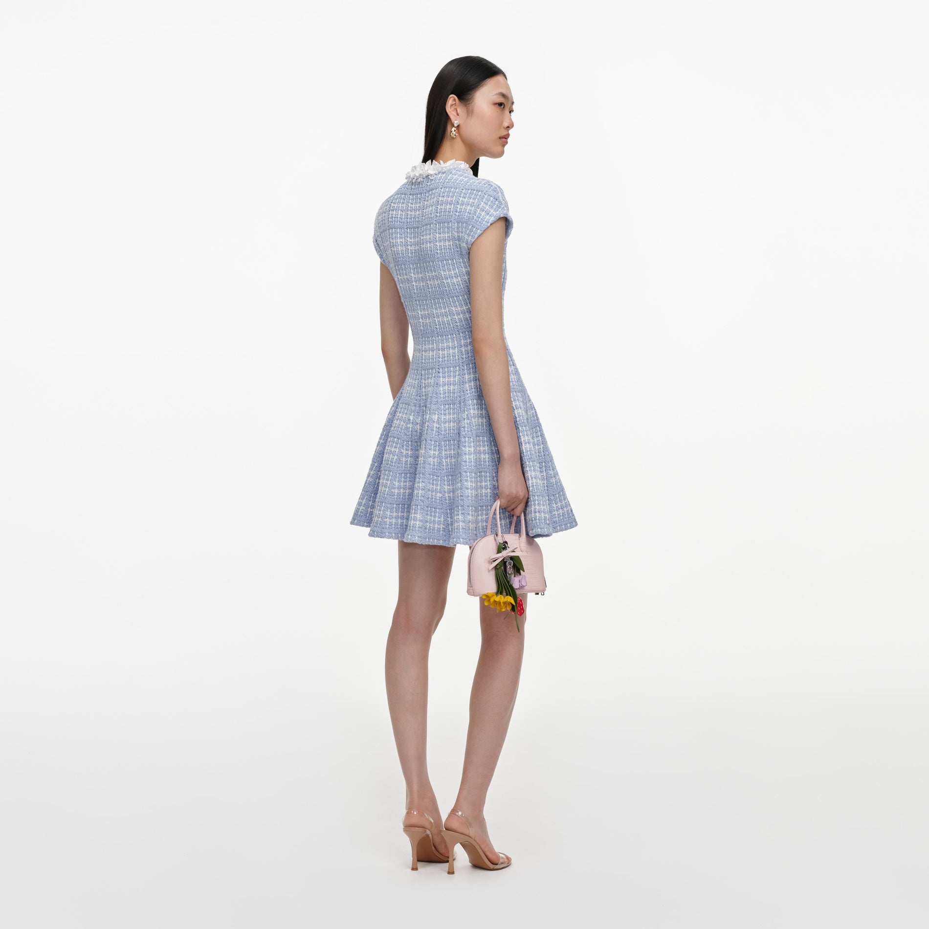 Blue Check Knit Beaded Mini Dress
