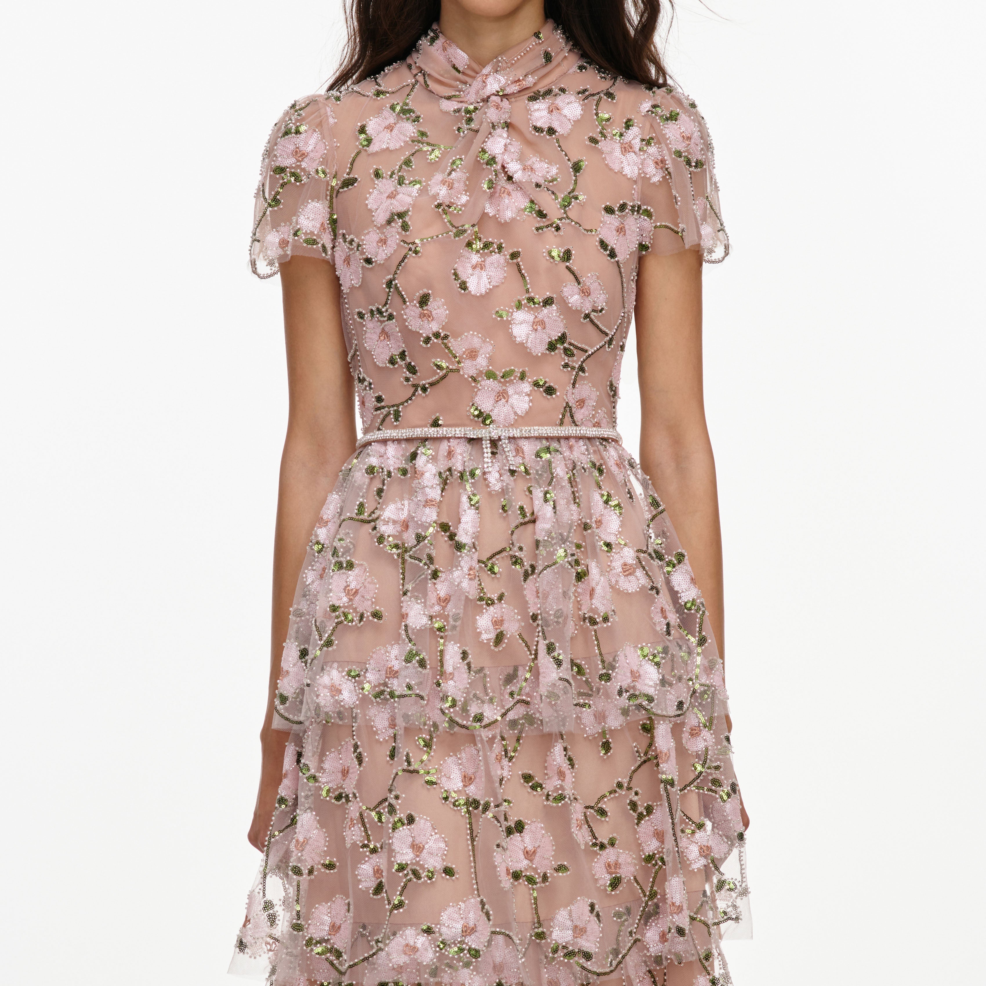 Pink Sequin Embellished Tiered Midi Dress